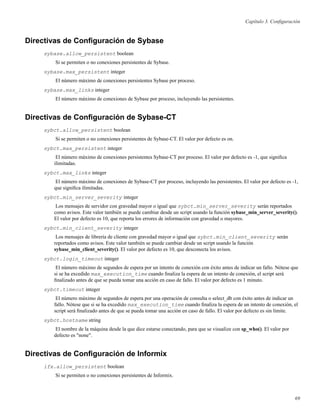 Capítulo 3. Conﬁguración
Directivas de Conﬁguración de Sybase
sybase.allow_persistent boolean
Si se permiten o no conexiones persistentes de Sybase.
sybase.max_persistent integer
El número máximo de conexiones persistentes Sybase por proceso.
sybase.max_links integer
El número máximo de conexiones de Sybase por proceso, incluyendo las persistentes.
Directivas de Conﬁguración de Sybase-CT
sybct.allow_persistent boolean
Si se permiten o no conexiones persistentes de Sybase-CT. El valor por defecto es on.
sybct.max_persistent integer
El número máximo de conexiones persistentes Sybase-CT por proceso. El valor por defecto es -1, que signiﬁca
ilimitadas.
sybct.max_links integer
El número máximo de conexiones de Sybase-CT por proceso, incluyendo las persistentes. El valor por defecto es -1,
que signiﬁca ilimitadas.
sybct.min_server_severity integer
Los mensajes de servidor con gravedad mayor o igual que sybct.min_server_severity serán reportados
como avisos. Este valor también se puede cambiar desde un script usando la función sybase_min_server_severity().
El valor por defecto es 10, que reporta los errores de información con gravedad o mayores.
sybct.min_client_severity integer
Los mensajes de librería de cliente con gravedad mayor o igual que sybct.min_client_severity serán
reportados como avisos. Este valor también se puede cambiar desde un script usando la función
sybase_min_client_severity(). El valor por defecto es 10, que desconecta los avisos.
sybct.login_timeout integer
El número máximo de segundos de espera por un intento de conexión con éxito antes de indicar un fallo. Nótese que
si se ha excedido max_execution_time cuando ﬁnaliza la espera de un intento de conexión, el script será
ﬁnalizado antes de que se pueda tomar una acción en caso de fallo. El valor por defecto es 1 minuto.
sybct.timeout integer
El número máximo de segundos de espera por una operación de consulta o select_db con éxito antes de indicar un
fallo. Nótese que si se ha excedido max_execution_time cuando ﬁnaliza la espera de un intento de conexión, el
script será ﬁnalizado antes de que se pueda tomar una acción en caso de fallo. El valor por defecto es sin límite.
sybct.hostname string
El nombre de la máquina desde la que dice estarse conectando, para que se visualize con sp_who(). El valor por
defecto es "none".
Directivas de Conﬁguración de Informix
ifx.allow_persistent boolean
Si se permiten o no conexiones persistentes de Informix.
69
 