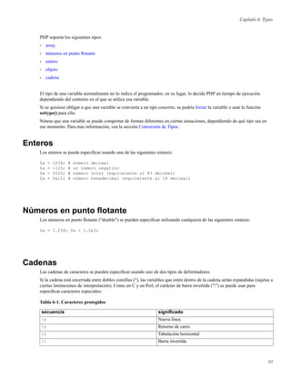 Capítulo 6. Types
PHP soporta los siguientes tipos:
• array
• números en punto ﬂotante
• entero
• objeto
• cadena
El tipo de una variable normalmente no lo indica el programador; en su lugar, lo decide PHP en tiempo de ejecución
dependiendo del contexto en el que se utilice esa variable.
Si se quisiese obligar a que una variable se convierta a un tipo concreto, se podría forzar la variable o usar la función
settype() para ello.
Nótese que una variable se puede comportar de formas diferentes en ciertas situaciones, dependiendo de qué tipo sea en
ese momento. Para más información, vea la sección Conversión de Tipos.
Enteros
Los enteros se puede especiﬁcar usando una de las siguientes sintaxis:
$a = 1234; # número decimal
$a = -123; # un número negativo
$a = 0123; # número octal (equivalente al 83 decimal)
$a = 0x12; # número hexadecimal (equivalente al 18 decimal)
Números en punto ﬂotante
Los números en punto ﬂotante ("double") se pueden especiﬁcar utilizando cualquiera de las siguientes sintaxis:
$a = 1.234; $a = 1.2e3;
Cadenas
Las cadenas de caracteres se pueden especiﬁcar usando uno de dos tipos de delimitadores.
Si la cadena está encerrada entre dobles comillas ("), las variables que estén dentro de la cadena serán expandidas (sujetas a
ciertas limitaciones de interpretación). Como en C y en Perl, el carácter de barra invertida ("") se puede usar para
especiﬁcar caracteres especiales:
Tabla 6-1. Caracteres protegidos
secuencia signiﬁcado
n Nueva línea
r Retorno de carro
t Tabulación horizontal
 Barra invertida
85
 