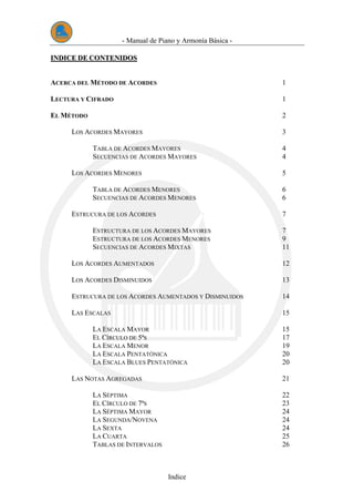 - Manual de Piano y Armonía Básica -
Indice
IINNDDIICCEE DDEE CCOONNTTEENNIIDDOOSS
ACERCA DEL MÉTODO DE ACORDES 1
LECTURA Y CIFRADO 1
EL MÉTODO 2
LOS ACORDES MAYORES 3
TABLA DE ACORDES MAYORES 4
SECUENCIAS DE ACORDES MAYORES 4
LOS ACORDES MENORES 5
TABLA DE ACORDES MENORES 6
SECUENCIAS DE ACORDES MENORES 6
ESTRUCURA DE LOS ACORDES 7
ESTRUCTURA DE LOS ACORDES MAYORES 7
ESTRUCTURA DE LOS ACORDES MENORES 9
SECUENCIAS DE ACORDES MIXTAS 11
LOS ACORDES AUMENTADOS 12
LOS ACORDES DISMINUIDOS 13
ESTRUCURA DE LOS ACORDES AUMENTADOS Y DISMINUIDOS 14
LAS ESCALAS 15
LA ESCALA MAYOR 15
EL CÍRCULO DE 5ªS 17
LA ESCALA MENOR 19
LA ESCALA PENTATÓNICA 20
LA ESCALA BLUES PENTATÓNICA 20
LAS NOTAS AGREGADAS 21
LA SÉPTIMA 22
EL CÍRCULO DE 7ªS 23
LA SÉPTIMA MAYOR 24
LA SEGUNDA/NOVENA 24
LA SEXTA 24
LA CUARTA 25
TABLAS DE INTERVALOS 26
 