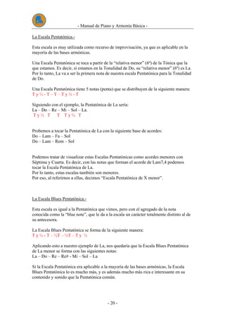 - Manual de Piano y Armonía Básica -
- 20 -
La Escala Pentatónica.-
Esta escala es muy utilizada como recurso de improvisación, ya que es aplicable en la
mayoría de las bases armónicas.
Una Escala Pentatónica se toca a partir de la “relativa menor” (6ª) de la Tónica que la
que estamos. Es decir, si estamos en la Tonalidad de Do, su “relativa menor” (6ª) es La.
Por lo tanto, La va a ser la primera nota de nuestra escala Pentatónica para la Tonalidad
de Do.
Una Escala Pentatónica tiene 5 notas (penta) que se distribuyen de la siguiente manera:
T y ½ - T – T – T y ½ - T
Siguiendo con el ejemplo, la Pentatónica de La sería:
La – Do – Re – Mi – Sol – La.
T y ½ T T T y ½ T
Probemos a tocar la Pentatónica de La con la siguiente base de acordes:
Do – Lam – Fa – Sol
Do – Lam – Rem – Sol
Podemos tratar de visualizar estas Escalas Pentatónicas como acordes menores con
Séptima y Cuarta. Es decir, con las notas que forman el acorde de Lam7,4 podemos
tocar la Escala Pentatónica de La.
Por lo tanto, estas escalas también son menores.
Por eso, al referirnos a ellas, decimos “Escala Pentatónica de X menor”.
La Escala Blues Pentatónica.-
Esta escala es igual a la Pentatónica que vimos, pero con el agregado de la nota
conocida como la “blue note”, que le da a la escala un carácter totalmente distinto al de
su antecesora.
La Escala Blues Pentatónica se forma de la siguiente manera:
T y ½ - T – ½T – ½T – T y ½
Aplicando esto a nuestro ejemplo de La, nos quedaría que la Escala Blues Pentatónica
de La menor se forma con las siguientes notas:
La – Do – Re – Re# - Mi – Sol – La
Si la Escala Pentatónica era aplicable a la mayoría de las bases armónicas, la Escala
Blues Pentatónica lo es mucho más, y es además mucho más rica e interesante en su
contenido y sonido que la Pentatónica común.
 