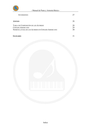 - Manual de Piano y Armonía Básica -
Indice
INVERSIONES 27
ANEXOS 28
TABLA DE COMPOSICIÓN DE LOS ACORDES 28
CIFRADO AMERICANO 29
NOMENCLATURA DE LOS ACORDES EN CIFRADO AMERICANO 30
GLOSARIO 31
 