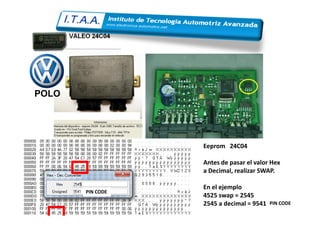 POLO
Eeprom 24C04
Antes de pasar el valor Hex
a Decimal, realizar SWAP.
En el ejemplo
4525 swap = 2545
2545 a decimal = 9541
PIN CODE
PIN CODE
 