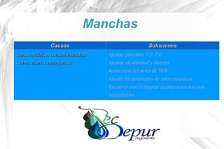 Manchas
CausasCausas SolucionesSoluciones
Iones metálicos causan manchasIones metálicos causan manchas
Cobre, hierro, manganesoCobre, hierro, manganeso
Ajustar pH entre 7,2-7,6
Ajustar alcalinidad y dureza
Reducción del nivel de TDS
Añadir secuestrantes de sales metalicas
Vaciar el vaso y limpiar si estas manchas son
importantes
 