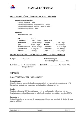MANUAL DE PISCINAS
Cuesa Sport, s.l. Página 111 24/09/99
TRATAMIENTO FÍSICO - QUÍMICO DEL AGUA - ASTURIAS
Tiempo de recirculación
Piscinas chapoteo: 1 hora.
Vasos con profundidad inferior 1,40 m: 2 horas.
Vasos con profundidad superior 1,40 m: 4 horas.
Vasos de competición: 8 horas.
Turbidez
No superior a 6 UNT
pH……………… 7,2 - 8
Cloro libre……… 0,8 - 1,5 ppm Cloro total……..
Alcalinidad……… Hasta 250 mg/l Bromo…………< = 0,3 mg/l
Plata……………. Hasta 1 mg/l Hierro………….< = 0,3 mg/l
Ácido Isocianuro… Hasta 75 mg/l Aluminio………..< = 0,5 mg/l
Oxidabilidad……..< 4 mg 02 /l Amoniaco……….< = 0,5 mg/l
Nitratos………….< 10 mg/l Cobre……………< = 0,3 mg/l
CONDICIONES EN PISCINAS CUBIERTAS CLIMATIZADAS - ASTURIAS
T. agua…….. 22ºC - 27º C Volumen aire por
m2 lámina piscina………… 8 m3
T. recinto…… 2 ó 4º C superior a la Humedad………………… No exceda 80%
del agua del vaso
ARAGÓN
CARACTERÍSTICAS DEL VASO - ARAGÓN
Profundidades
Infantiles: tendrán una profundidad no superior a 0,50 m. La pendiente no superior al 10%.
Recreativas: contarán con zonas cuya profundidad sea inferior a 1,40 m.
Fondo
Pendiente mínima del 2,5 % y máxima del 10 % en profundidades inferiores a 1,60 m.
En piscinas con profundidades superior a 1,60 m la pendiente no podrá ser superior al 30 %.
Rebosaderos
Serán obligatorios en las piscinas de nueva construcción con una superficie de lámina de agua
superior a 350 m2
.
 