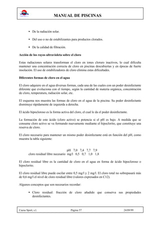MANUAL DE PISCINAS
Cuesa Sport, s.l. Página 57 24/09/99
• De la radiación solar.
• Del uso o no de estabilizantes para productos clorados.
• De la calidad de filtración.
Acción de los rayos ultravioleta sobre el cloro
Estas radiaciones solares transforman el cloro en iones cloruro inactivos, lo cual dificulta
mantener una concentración correcta de cloro en piscinas descubiertas y en épocas de fuerte
insolación. El uso de estabilizadores de cloro elimina estas dificultades.
Diferentes formas de cloro en el agua
El cloro adquiere en el agua diversas formas, cada una de las cuales con un poder desinfectante
diferente que evoluciona con el tiempo, según la cantidad de materia orgánica, concentración
de cloro, temperatura, radiación solar, etc.
El esquema nos muestra las formas de cloro en el agua de la piscina. Su poder desinfectante
disminuye rápidamente de izquierda a derecha.
El ácido hipocloroso es la forma activa del cloro, el cual le da el poder desinfectante.
La formación de este ácido (cloro activo) se potencia si el pH es bajo. A medida que se
consume cloro activo se va formando nuevamente mediante el hipoclorito, que constituye una
reserva de cloro.
El cloro necesario para mantener un mismo poder desinfectante está en función del pH, como
muestra la tabla siguiente:
pH 7,0 7,4 7,7 7,9
cloro residual libre necesario mg/l 0,5 0,7 1,0 1,8
El cloro residual libre es la cantidad de cloro en el agua en forma de ácido hipocloroso o
hipoclorito.
El cloro residual libre puede oscilar entre 0,5 mg/l y 2 mg/l. El cloro total no sobrepasará más
de 0,6 mg/l el nivel de cloro residual libre (valores expresados en C12).
Algunos conceptos que son necesarios recordar:
• Cloro residual: fracción de cloro añadido que conserva sus propiedades
desinfectantes.
 