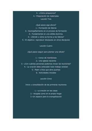 3.- ¿Cómo prepararse?
4.- Preparación de materiales
Lección Tres
¿Qué pasos sigo ahora?
1.- Formación de líderes
2.- Acompañamiento en el proceso de formación
3.- Fundamental en una sólida doctrina.
4.- ¿Dónde y cómo se forma a los líderes?
5.- El objetivo: reproducir discípulos en otros discípulos
Lección Cuatro
¿Qué pasos seguir para plantar una célula?
1.- Censo de membresía
2.- Una iglesia naciente
3.- ¿Con cuántas personas podemos iniciar las reuniones?
4.- La oración debe anteceder todo trabajo eclesial
5.- Pedir a Dios que abra puertas
6.- Actividades iniciales
Lección Cinco
Inicio y consolidación de las primeras reuniones
1.- La oración en las casas
2.- Acogida como en el propio hogar
3.-Un espacio para la evangelización
 