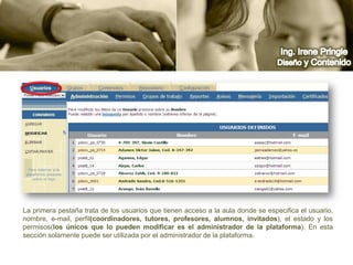 Ing. Irene PringleDiseño y ContenidoLa primera pestaña trata de los usuarios que tienen acceso a la aula donde se especifica el usuario, nombre, e-mail, perfil(coordinadores, tutores, profesores, alumnos, invitados), el estado y los permisos(los únicos que lo pueden modificar es el administrador de la plataforma). En esta sección solamente puede ser utilizada por el administrador de la plataforma.