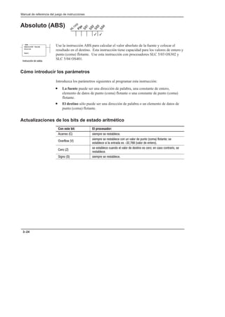 Preface
Manual de referencia del juego de instrucciones
3–24
Absoluto (ABS)
Use la instrucción ABS para calcular el valor absoluto de la fuente y colocar el
resultado en el destino. Esta instrucción tiene capacidad para los valores de entero y
punto (coma) flotante. Use esta instrucción con procesadores SLC 5/03 OS302 y
SLC 5/04 OS401.
Cómo introducir los parámetros
Introduzca los parámetros siguientes al programar esta instrucción:
• La fuente puede ser una dirección de palabra, una constante de entero,
elemento de datos de punto (coma) flotante o una constante de punto (coma)
flotante.
• El destino sólo puede ser una dirección de palabra o un elemento de datos de
punto (coma) flotante.
Actualizaciones de los bits de estado aritmético
Con este bit: El procesador:
    !  ! !
$ % 
!  ! !  # $  #   !
! !    !   $   
  
! ! #  $  ! !    !    !
!
  !  ! !
3
3
ABSOLUTE VALUE
Source
Dest
ABS
! #  !
 