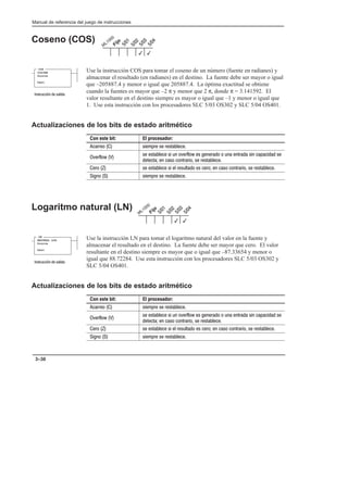 Preface
Manual de referencia del juego de instrucciones
3–30
Coseno (COS)
Use la instrucción COS para tomar el coseno de un número (fuente en radianes) y
almacenar el resultado (en radianes) en el destino. La fuente debe ser mayor o igual
que –205887.4 y menor o igual que 205887.4. La óptima exactitud se obtiene
cuando la fuentes es mayor que –2 π y menor que 2 π, donde π = 3.141592. El
valor resultante en el destino siempre es mayor o igual que –1 y menor o igual que
1. Use esta instrucción con los procesadores SLC 5/03 OS302 y SLC 5/04 OS401.
Actualizaciones de los bits de estado aritmético
Con este bit: El procesador:
      
  
                  
         
                   
      
Logaritmo natural (LN)
Use la instrucción LN para tomar el logaritmo natural del valor en la fuente y
almacenar el resultado en el destino. La fuente debe ser mayor que cero. El valor
resultante en el destino siempre es mayor que o igual que –87.33654 y menor o
igual que 88.72284. Use esta instrucción con los procesadores SLC 5/03 OS302 y
SLC 5/04 OS401.
Actualizaciones de los bits de estado aritmético
Con este bit: El procesador:
      
  
                  
         
                   
      
3
3
COSINE
Source
Dest
COS
    
3
3
NATURAL LOG
Source
Dest
LN
    
 