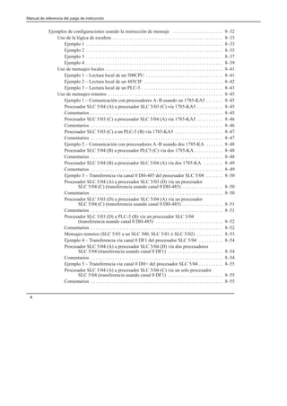 Manual de referencia del juego de instrucción
x
Ejemplos de configuraciones usando la instrucción de mensaje 8–32
. . . . . . . . . . . . . . . . . . . . .
Uso de la lógica de escalera 8–33
. . . . . . . . . . . . . . . . . . . . . . . . . . . . . . . . . . . . . . . . . . . . . .
Ejemplo 1 8–33
. . . . . . . . . . . . . . . . . . . . . . . . . . . . . . . . . . . . . . . . . . . . . . . . . . . . . . . . .
Ejemplo 2 8–35
. . . . . . . . . . . . . . . . . . . . . . . . . . . . . . . . . . . . . . . . . . . . . . . . . . . . . . . . .
Ejemplo 3 8–37
. . . . . . . . . . . . . . . . . . . . . . . . . . . . . . . . . . . . . . . . . . . . . . . . . . . . . . . . .
Ejemplo 4 8–39
. . . . . . . . . . . . . . . . . . . . . . . . . . . . . . . . . . . . . . . . . . . . . . . . . . . . . . . . .
Uso de mensajes locales 8–41
. . . . . . . . . . . . . . . . . . . . . . . . . . . . . . . . . . . . . . . . . . . . . . . . .
Ejemplo 1 – Lectura local de un 500CPU 8–41
. . . . . . . . . . . . . . . . . . . . . . . . . . . . . . . .
Ejemplo 2 – Lectura local de un 485CIF 8–42
. . . . . . . . . . . . . . . . . . . . . . . . . . . . . . . . .
Ejemplo 3 – Lectura local de un PLC-5 8–43
. . . . . . . . . . . . . . . . . . . . . . . . . . . . . . . . . .
Uso de mensajes remotos 8–45
. . . . . . . . . . . . . . . . . . . . . . . . . . . . . . . . . . . . . . . . . . . . . . . .
Ejemplo 1 – Comunicación con procesadores A–B usando un 1785-KA5 8–45
. . . . . . .
Procesador SLC 5/04 (A) a procesador SLC 5/03 (C) vía 1785-KA5 8–45
. . . . . . . . . . .
Comentarios 8–45
. . . . . . . . . . . . . . . . . . . . . . . . . . . . . . . . . . . . . . . . . . . . . . . . . . . . . . .
Procesador SLC 5/03 (C) a procesador SLC 5/04 (A) vía 1785-KA5 8–46
. . . . . . . . . . .
Comentarios 8–46
. . . . . . . . . . . . . . . . . . . . . . . . . . . . . . . . . . . . . . . . . . . . . . . . . . . . . . .
Procesador SLC 5/03 (C) a un PLC-5 (B) vía 1785-KA5 8–47
. . . . . . . . . . . . . . . . . . . .
Comentarios 8–47
. . . . . . . . . . . . . . . . . . . . . . . . . . . . . . . . . . . . . . . . . . . . . . . . . . . . . . .
Ejemplo 2 – Comunicación con procesadores A–B usando dos 1785-KA 8–48
. . . . . . .
Procesador SLC 5/04 (B) a procesador PLC5 (C) vía dos 1785-KA 8–48
. . . . . . . . . . . .
Comentarios 8–48
. . . . . . . . . . . . . . . . . . . . . . . . . . . . . . . . . . . . . . . . . . . . . . . . . . . . . . .
Procesador SLC 5/04 (B) a procesador SLC 5/04 (A) vía dos 1785-KA 8–49
. . . . . . . .
Comentarios 8–49
. . . . . . . . . . . . . . . . . . . . . . . . . . . . . . . . . . . . . . . . . . . . . . . . . . . . . . .
Ejemplo 3 – Transferencia vía canal 0 DH-485 del procesador SLC 5/04 8–50
. . . . . . .
Procesador SLC 5/04 (A) a procesador SLC 5/03 (D) vía un procesador
SLC 5/04 (C) (transferencia usando canal 0 DH-485) 8–50
. . . . . . . . . . . . . . . . .
Comentarios 8–50
. . . . . . . . . . . . . . . . . . . . . . . . . . . . . . . . . . . . . . . . . . . . . . . . . . . . . . .
Procesador SLC 5/03 (D) a procesador SLC 5/04 (A) vía un procesador
SLC 5/04 (C) (transferencia usando canal 0 DH-485) 8–51
. . . . . . . . . . . . . . . . .
Comentarios 8–51
. . . . . . . . . . . . . . . . . . . . . . . . . . . . . . . . . . . . . . . . . . . . . . . . . . . . . . .
Procesador SLC 5/03 (D) a PLC-5 (B) vía un procesador SLC 5/04
(transferencia usando canal 0 DH-485) 8–52
. . . . . . . . . . . . . . . . . . . . . . . . . . . .
Comentarios 8–52
. . . . . . . . . . . . . . . . . . . . . . . . . . . . . . . . . . . . . . . . . . . . . . . . . . . . . . .
Mensajes remotos (SLC 5/03 a un SLC 500, SLC 5/01 ó SLC 5/02) 8–53
. . . . . . . . . . .
Ejemplo 4 – Transferencia vía canal 0 DF1 del procesador SLC 5/04 8–54
. . . . . . . . . .
Procesador SLC 5/04 (A) a procesador SLC 5/04 (D) vía dos procesadores
SLC 5/04 (transferencia usando canal 0 DF1) 8–54
. . . . . . . . . . . . . . . . . . . . . . .
Comentarios 8–54
. . . . . . . . . . . . . . . . . . . . . . . . . . . . . . . . . . . . . . . . . . . . . . . . . . . . . . .
Ejemplo 5 – Transferencia vía canal 0 DH+ del procesador SLC 5/04 8–55
. . . . . . . . . .
Procesador SLC 5/04 (A) a procesador SLC 5/04 (C) vía un solo procesador
SLC 5/04 (transferencia usando canal 0 DF1) 8–55
. . . . . . . . . . . . . . . . . . . . . . .
Comentarios 8–55
. . . . . . . . . . . . . . . . . . . . . . . . . . . . . . . . . . . . . . . . . . . . . . . . . . . . . . .
 