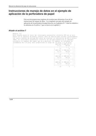 Manual de referencia del juego de instrucciones
4–34
Instrucciones de manejo de datos en el ejemplo de
aplicación de la perforadora de papel
Esta sección proporciona renglones de escalera para demostrar el uso de las
instrucciones de manejo de datos. Los renglones son parte del ejemplo de
aplicación de la perforadora de papel descrito en el apéndice H. Usted los añadirá a
la subrutina en el archivo 7 que se inició en el capítulo 2.
Añadir el archivo 7
Renglón 7:3
Este renglón mueve el valor del interruptor preselector rotatorio BCD de un solo
dígito en un registro de entero interno. Esto se realiza para alinear correctamente
las cuatro señales de entrada BCD antes de ejecutar la instrucción de BCD a entero
(FRD). El interruptor preselector rotatorio se usa para permitirle al operador
introducir el espesor del papel que va a perforar. El espesor se introduce en
incrementos de 1/4 pulg. Esto proporciona un rango de 1/4 pulg. a 2.25 pulg.
| BCD bit 0 |FRD bit 0 |
| I:1.0 N7:14 |
|––––––––––––––––––––––––––––––––––––––––––––––––––––+––––] [––––––––( )–––––+–|
| | 11 0 | |
| | BCD bit 1 |FRD bit 1 | |
| | I:1.0 N7:14 | |
| +––––] [––––––––( )–––––+ |
| | 12 1 | |
| | BCD bit 2 |FRD bit 2 | |
| | I:1.0 N7:14 | |
| +––––] [––––––––( )–––––+ |
| | 13 2 | |
| | BCD bit 3 |FRD bit 3 | |
| | I:1.0 N7:14 | |
| +––––] [––––––––( )–––––+ |
| 14 3 |
 