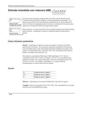 Manual de referencia del juego de instrucciones
5–12
Entrada inmediata con máscara (IIM)
Esta instrucción le permite actualizar datos antes del escán de entrada normal.
Cuando la instrucción IIM se habilita, el escán de programa se interrumpe. Los
datos de una ranura de E/S especificada se transfieren a través de una máscara al
archivo de datos de entrada poniendo así los datos a la disposición de instrucciones
siguientes a la instrucción IIM en el programa de escalera.
Para la máscara, 1 en la posición de un bit de entrada transfiere datos desde la fuente
hasta el destino. 0 inhibe que los datos se transfieran desde la fuente hasta el
destino.
Cómo introducir parámetros
Ranura – Especifique el número de ranura de entrada y el número de palabra
perteneciente a la ranura. No es necesario especificar la palabra 0 de una ranura.
Los procesadores fijos y SLC 5/01 pueden tener hasta 8 palabras asociadas con la
ranura. Los procesadores SLC 5/02, SLC 5/03 y SLC 5/04 pueden tener hasta 32
palabras asociadas con la ranura (0–31).
Para todos los controladores MicroLogix 1000 especifique I1:0.0. Para los
controladores de E/S 16, I1:0/0–9 son válidos e I1:0/10–15 se consideran como
entradas no usadas. (No existen físicamente.) Para los controladores de E/S 32,
I1:0/0–15 e I1:1/0–3 son válidos. Especifique I1:1 si desea actualizar
inmediatamente los cuatro últimos bits de entrada.
Ejemplo
 !     
 !     
 !     
Máscara – Especifique una constante hexadecimal o dirección de registro.
Longitud – Para los procesadores SLC 5/03 y SLC 5/04, este parámetro se usa para
transferir más de una palabra por ranura.
3
3
3 3
3
3
IMMEDIATE INPUT w MASK
Slot
Mask
IMMEDIATE INPUT w MASK
Slot
Mask
Length
IIM
 !%  !
   $   $
! # 
IIM
 !%  !
    $  
 