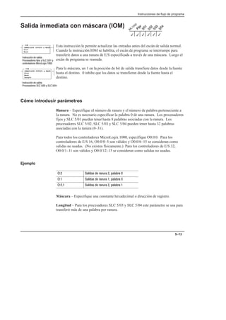 Instrucciones de flujo de programa
5–13
Salida inmediata con máscara (IOM)
Esta instrucción le permite actualizar las entradas antes del escán de salida normal.
Cuando la instrucción IOM se habilita, el escán de programa se interrumpe para
transferir datos a una ranura de E/S especificada a través de una máscara. Luego el
escán de programa se reanuda.
Para la máscara, un 1 en la posición de bit de salida transfiere datos desde la fuente
hasta el destino. 0 inhibe que los datos se transfieran desde la fuente hasta el
destino.
Cómo introducir parámetros
Ranura – Especifique el número de ranura y el número de palabra perteneciente a
la ranura. No es necesario especificar la palabra 0 de una ranura. Los procesadores
fijos y SLC 5/01 pueden tener hasta 8 palabras asociadas con la ranura. Los
procesadores SLC 5/02, SLC 5/03 y SLC 5/04 pueden tener hasta 32 palabras
asociadas con la ranura (0–31).
Para todos los controladores MicroLogix 1000, especifique O0:0.0. Para los
controladores de E/S 16, O0:0/0–5 son válidos y O0:0/6–15 se consideran como
salidas no usadas. (No existen físicamente.) Para los controladores de E/S 32,
O0:0/1–11 son válidos y O0:0/12–15 se consideran como salidas no usadas.
Ejemplo
       
       
       
Máscara – Especifique una constante hexadecimal o dirección de registro.
Longitud – Para los procesadores SLC 5/03 y SLC 5/04 este parámetro se usa para
transferir más de una palabra por ranura.
3
3
3 3
3
3
IMMEDIATE OUTPUT w MASK
Slot
Mask
Length
IMMEDIATE OUTPUT w MASK
Slot
Mask
IOM
 !%  
   $   $
!  # 
IOM
 !%  
    $  
 