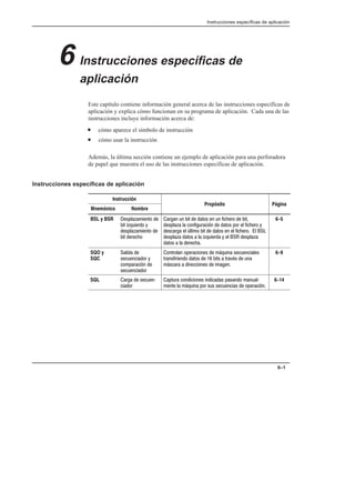 Instrucciones específicas de aplicación
6–1
6 Instrucciones específicas de
aplicación
Este capítulo contiene información general acerca de las instrucciones específicas de
aplicación y explica cómo funcionan en su programa de aplicación. Cada una de las
instrucciones incluye información acerca de:
• cómo aparece el símbolo de instrucción
• cómo usar la instrucción
Además, la última sección contiene un ejemplo de aplicación para una perforadora
de papel que muestra el uso de las instrucciones específicas de aplicación.
Instrucciones específicas de aplicación
Instrucción
Propósito Página
Mnemónico Nombre
Propósito Página
BSL y BSR  !  
 !
 !  
 
            
 !   $      
   %         
 !    !    !
    
6-5
SQO y
SQC
 
 
  $ 
 
       
        #  
     
6-9
SQL    
 
           
         $
6-14
 