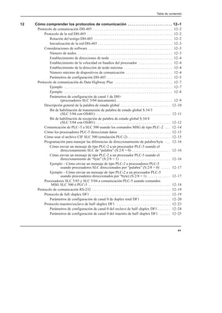 Tabla de contenido
xv
12 Cómo comprender los protocolos de comunicación 12–1
. . . . . . . . . . . . . . . . . . . . . . . .
Protocolo de comunicación DH-485 12–2
. . . . . . . . . . . . . . . . . . . . . . . . . . . . . . . . . . . . . . . . . . .
Protocolo de la red DH-485 12–2
. . . . . . . . . . . . . . . . . . . . . . . . . . . . . . . . . . . . . . . . . . . . . .
Rotación del testigo DH-485 12–2
. . . . . . . . . . . . . . . . . . . . . . . . . . . . . . . . . . . . . . . . . .
Inicialización de la red DH-485 12–3
. . . . . . . . . . . . . . . . . . . . . . . . . . . . . . . . . . . . . . . .
Consideraciones de software 12–3
. . . . . . . . . . . . . . . . . . . . . . . . . . . . . . . . . . . . . . . . . . . . .
Número de nodos 12–3
. . . . . . . . . . . . . . . . . . . . . . . . . . . . . . . . . . . . . . . . . . . . . . . . . . .
Establecimiento de direcciones de nodo 12–4
. . . . . . . . . . . . . . . . . . . . . . . . . . . . . . . . .
Establecimiento de la velocidad en baudios del procesador 12–4
. . . . . . . . . . . . . . . . . .
Establecimiento de la dirección de nodo máxima 12–4
. . . . . . . . . . . . . . . . . . . . . . . . . .
Número máximo de dispositivos de comunicación 12–4
. . . . . . . . . . . . . . . . . . . . . . . . .
Parámetros de configuración DH-485 12–5
. . . . . . . . . . . . . . . . . . . . . . . . . . . . . . . . . . .
Protocolo de comunicación de Data Highway Plus 12–7
. . . . . . . . . . . . . . . . . . . . . . . . . . . . . . .
Ejemplo 12–7
. . . . . . . . . . . . . . . . . . . . . . . . . . . . . . . . . . . . . . . . . . . . . . . . . . . . . . . . . .
Ejemplo 12–8
. . . . . . . . . . . . . . . . . . . . . . . . . . . . . . . . . . . . . . . . . . . . . . . . . . . . . . . . . .
Parámetros de configuración de canal 1 de DH+
(procesadores SLC 5/04 únicamente) 12–9
. . . . . . . . . . . . . . . . . . . . . . . . . . . . . .
Descripción general de la palabra de estado global 12–10
. . . . . . . . . . . . . . . . . . . . . . . . . . .
Bit de habilitación de transmisión de palabra de estado global S:34/3
(SLC 5/04 con OS401) 12–11
. . . . . . . . . . . . . . . . . . . . . . . . . . . . . . . . . . . . . . . .
Bit de habilitación de recepción de palabra de estado global S:34/4
(SLC 5/04 con OS401) 12–12
. . . . . . . . . . . . . . . . . . . . . . . . . . . . . . . . . . . . . . . .
Comunicación de PLC–5 a SLC 500 usando los comandos MSG de tipo PLC–2 12–14
. . .
Cómo los procesadores PLC-5 direccionan datos 12–15
. . . . . . . . . . . . . . . . . . . . . . . . . . . .
Cómo usar el archivo CIF SLC 500 (emulación PLC-2) 12–15
. . . . . . . . . . . . . . . . . . . . . . .
Programación para manejar las diferencias de direccionamiento de palabra/byte 12–16
. . .
Cómo enviar un mensaje de tipo PLC-2 a un procesador PLC-5 usando el
direccionamiento SLC de “palabra” (S:2/8 = 0) 12–16
. . . . . . . . . . . . . . . . . . . . .
Cómo enviar un mensaje de tipo PLC-2 a un procesador PLC-5 usando el
direccionamiento de “byte” (S:2/8 = 1) 12–16
. . . . . . . . . . . . . . . . . . . . . . . . . . .
Ejemplo – Cómo enviar un mensaje de tipo PLC-2 a procesadores PLC-5
usando procesadores SLC direccionados por “palabra” (S:2/8 = 0) 12–17
. . . . .
Ejemplo – Cómo enviar un mensaje de tipo PLC-2 a un procesador PLC-5
usando procesadores direccionados por “byte) (S:2/8 = 1) 12–17
. . . . . . . . . . . .
Procesadores SLC 5/03 y SLC 5/04 a comunicación PLC-5 usando comandos
MSG SLC 500 ó PLC-5 12–18
. . . . . . . . . . . . . . . . . . . . . . . . . . . . . . . . . . . . . . . . . . . .
Protocolo de comunicación RS-232 12–19
. . . . . . . . . . . . . . . . . . . . . . . . . . . . . . . . . . . . . . . . . .
Protocolo de full–duplex DF1 12–19
. . . . . . . . . . . . . . . . . . . . . . . . . . . . . . . . . . . . . . . . . . .
Parámetros de configuración de canal 0 de duplex total DF1 12–20
. . . . . . . . . . . . . . . .
Protocolo maestro/esclavo de half–duplex DF1 12–23
. . . . . . . . . . . . . . . . . . . . . . . . . . . . .
Parámetros de configuración de canal 0 del esclavo de half–duplex DF1 12–24
. . . . . . .
Parámetros de configuración de canal 0 del maestro de half–duplex DF1 12–25
. . . . . .
 