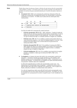 Manual de referencia del juego de instrucciones
6–10
Nota Puede direccionar la máscara, fuente o destino de una instrucción de secuenciador
como palabra o archivo. Si la direcciona como archivo (usando # de indicador de
archivo), la instrucción pasa automáticamente por el archivo de fuente, máscara o
destino.
• El control (SQO, SQC) es la estructura de control que almacena el byte de
estado de la instrucción, la longitud del archivo de secuenciador y la posición
instantánea en el archivo. No debe usar la dirección de control para otras
instrucciones.
EN DN ER FD
15 13 11 08 00
Longitud del archivo de secuenciador
Posición
Pal. 0
Pal. 1
Pal. 2
Los bits de estado de la estructura de control incluyen:
– El bit de encontrado FD (bit 08) – SQC solamente. Cuando el estado de
todos los bits sin máscara en la dirección de fuente corresponden a los de la
palabra de referencia, el bit FD está establecido. Este bit se evalúa cada
vez que la instrucción SQC es evaluada mientras el renglón sea verdadero.
– El bit de error ER (bit 11) se establece cuando el procesador detecta un
valor de posición negativo, o un valor de longitud negativo o de cero. Esto
resulta en un error mayor si no se borra antes de la ejecución de la
instrucción END o TND.
– El bit de efectuado Bit DN (bit 13) lo establece la instrucción SQO o
SQC después de operar en la última palabra en el archivo de secuenciador.
Se restablece en la próxima transición de renglón de falso a verdadero
después de que el renglón se haga falso.
– El bit de habilitación EN (bit 15) lo establece una transición de renglón
de falso a verdadero e indica que la instrucción SQO o SQC se ha
habilitado.
• La longitud es el número de pasos del archivo de secuenciador a partir de la
posición 1. El número máximo que puede introducir es 255 palabras (104
palabras cuando usa los controladores MicroLogix 1000). La posición 0 es la
posición de arranque. La instrucción se restablece (se ajusta automáticamente)
a la posición 1 durante cada ciclo completado.
La dirección asignada para un archivo de secuenciador es paso cero. Las
instrucciones de secuenciador usan la longitud + 1 palabra de archivos de la
tabla de datos para cada archivo indicado en la instrucción. Esto se aplica a la
fuente, máscara y/o destino si se direccionan como archivos.
Un valor de longitud que indica más allá del fin del archivo programado causa
la coincidencia de un error mayor de tiempo de ejecución. Si modifica un valor
de longitud con su programa de escalera, asegúrese que el valor modificado sea
válido.
 