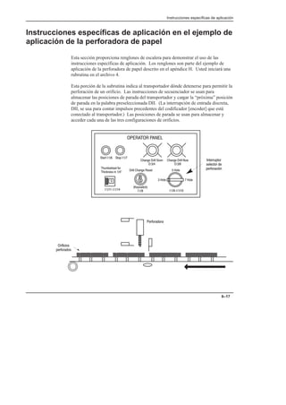 Instrucciones específicas de aplicación
6–17
Instrucciones específicas de aplicación en el ejemplo de
aplicación de la perforadora de papel
Esta sección proporciona renglones de escalera para demonstrar el uso de las
instrucciones específicas de aplicación. Los renglones son parte del ejemplo de
aplicación de la perforadora de papel descrito en el apéndice H. Usted iniciará una
rubrutina en el archivo 4.
Esta porción de la subrutina indica al transportador dónde detenerse para permitir la
perforación de un orificio. Las instrucciones de secuenciador se usan para
almacenar las posiciones de parada del transportador y cargar la “próxima” posición
de parada en la palabra preseleccionada DII. (La interrupción de entrada discreta,
DII, se usa para contar impulsos precedentes del codificador [encoder] que está
conectado al transportador.) Las posiciones de parada se usan para almacenar y
acceder cada una de las tres configuraciones de orificios.
 
/-/  /+, 
%*$ -(( ++*

%*$ -(( +1

%0)1%( #+-
% '*.. *   -(( %*$ ./ +(
+(
 +(


2.1/ %

-# +.
,-#+-!+.
*/--0,/+-
.( /+- !
,-#+- 3*
-#+-!+-
 