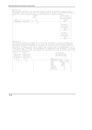 Manual de referencia del juego de instrucciones
6–18
Renglón 4:0
Este renglón restablece los secuenciadores de conteo de orificios cada vez que el
procesador entra en el modo RUN. Esto asegura que el primer valor preseleccionado se
cargue en la DII preseleccionada a cada entrada en el modo de marcha.
| Primer secuenciador |
| paso de 3 orificios |
| preseleccionado|
| +INT––––––––––––––––––––+ S:1 R6:4 |
|–+INTERRUPT SUBROUTINE +––––] [––––––––––––––––––––––––––––––+–––(RES)––––+–|
| +–––––––––––––––––––––––+ 15 | | |
| | secuenc. | |
| | de 5 orif. | |
| | preselecc. | |
| | R6:5 | |
| +–––(RES)––––+ |
| | | |
| | secuenc. | |
| | de 7 orif. | |
| | preselecc. | |
| | R6:6 | |
| +–––(RES)––––+ |
| |
Renglón 4:2
Este renglón registra el número de orificio que se perfora y carga la próxima DII
correcta preseleccionada basada en el conteo de orificios. Este renglón solamente
está activo cuando el “interruptor selector de orificio” está en la posición de “3
orificios”. El secuenciador usa el paso 0 como un paso nulo al restablecerse. Usa el
último paso como “continuar infinitivamente” en espera del “fin de manual”. El mover
0 a S:49 le indica a la DII que dispare una interrupción cuando el borde trasero del
libro actual se detecta.
| bit 0 |bit 1 secuenciador |
| del interr. |del interr. de 3 orificios |
| selector |selector preseleccionado |
| de orificio |de orificio |
| I:1.0 I:1.0 +SQO–––––––––––––––+ |
|––––]/[––––––––] [–––––––––+––––––––––––––––––––––+SEQUENCER OUTPUT +–(EN)–+–|
| 9 10 | |File #N10:0+–(DN) | |
| | |Mask FFFF| | |
| | |Dest S:50| | |
| | |Control R6:4| | |
| | |Length 4| | |
| | |Position 0| | |
| | +––––––––––––––––––+ | |
| | | |
 
