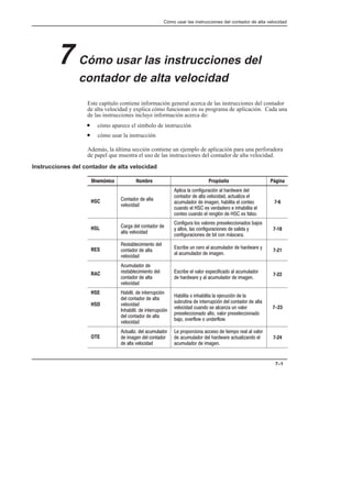 Cómo usar las instrucciones del contador de alta velocidad
7–1
7 Cómo usar las instrucciones del
contador de alta velocidad
Este capítulo contiene información general acerca de las instrucciones del contador
de alta velocidad y explica cómo funcionan en su programa de aplicación. Cada una
de las instrucciones incluye información acerca de:
• cómo aparece el símbolo de instrucción
• cómo usar la instrucción
Además, la última sección contiene un ejemplo de aplicación para una perforadora
de papel que muestra el uso de las instrucciones del contador de alta velocidad.
Instrucciones del contador de alta velocidad
Mnemónico Nombre Propósito Página
HSC    
  
   #     
        ! 
        
           
    #      
7Ć6
HSL      
   
       
       
       
7Ć18
RES
   
   
  
           
     
7Ć21
RAC
   
   
   
  
           
         
7Ć22
HSE
HSD
    #
    
  
    #
    
  
        #  
    #     
       !   
        
   
7-23
OTE
  !   
     
    
          
        !  
    
7Ć24
 