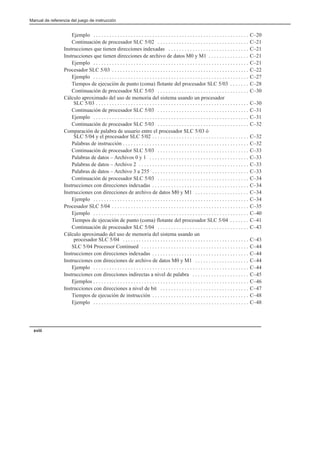 Manual de referencia del juego de instrucción
xviii
Ejemplo C–20
. . . . . . . . . . . . . . . . . . . . . . . . . . . . . . . . . . . . . . . . . . . . . . . . . . . . . . . . . .
Continuación de procesador SLC 5/02 C–21
. . . . . . . . . . . . . . . . . . . . . . . . . . . . . . . . . .
Instrucciones que tienen direcciones indexadas C–21
. . . . . . . . . . . . . . . . . . . . . . . . . . . . . .
Instrucciones que tienen direcciones de archivo de datos M0 y M1 C–21
. . . . . . . . . . . . . . .
Ejemplo C–21
. . . . . . . . . . . . . . . . . . . . . . . . . . . . . . . . . . . . . . . . . . . . . . . . . . . . . . . . . .
Procesador SLC 5/03 C–22
. . . . . . . . . . . . . . . . . . . . . . . . . . . . . . . . . . . . . . . . . . . . . . . . . . .
Ejemplo C–27
. . . . . . . . . . . . . . . . . . . . . . . . . . . . . . . . . . . . . . . . . . . . . . . . . . . . . . . . . .
Tiempos de ejecución de punto (coma) flotante del procesador SLC 5/03 C–28
. . . . . . .
Continuación de procesador SLC 5/03 C–30
. . . . . . . . . . . . . . . . . . . . . . . . . . . . . . . . . .
Cálculo aproximado del uso de memoria del sistema usando un procesador
SLC 5/03 C–30
. . . . . . . . . . . . . . . . . . . . . . . . . . . . . . . . . . . . . . . . . . . . . . . . . . . . . . . . .
Continuación de procesador SLC 5/03 C–31
. . . . . . . . . . . . . . . . . . . . . . . . . . . . . . . . . .
Ejemplo C–31
. . . . . . . . . . . . . . . . . . . . . . . . . . . . . . . . . . . . . . . . . . . . . . . . . . . . . . . . . .
Continuación de procesador SLC 5/03 C–32
. . . . . . . . . . . . . . . . . . . . . . . . . . . . . . . . . .
Comparación de palabra de usuario entre el procesador SLC 5/03 ó
SLC 5/04 y el procesador SLC 5/02 C–32
. . . . . . . . . . . . . . . . . . . . . . . . . . . . . . . . . . . .
Palabras de instrucción C–32
. . . . . . . . . . . . . . . . . . . . . . . . . . . . . . . . . . . . . . . . . . . . . . .
Continuación de procesador SLC 5/03 C–33
. . . . . . . . . . . . . . . . . . . . . . . . . . . . . . . . . .
Palabras de datos – Archivos 0 y 1 C–33
. . . . . . . . . . . . . . . . . . . . . . . . . . . . . . . . . . . . .
Palabras de datos – Archivo 2 C–33
. . . . . . . . . . . . . . . . . . . . . . . . . . . . . . . . . . . . . . . . .
Palabras de datos – Archivo 3 a 255 C–33
. . . . . . . . . . . . . . . . . . . . . . . . . . . . . . . . . . . .
Continuación de procesador SLC 5/03 C–34
. . . . . . . . . . . . . . . . . . . . . . . . . . . . . . . . . .
Instrucciones con direcciones indexadas C–34
. . . . . . . . . . . . . . . . . . . . . . . . . . . . . . . . . . . .
Instrucciones con direcciones de archivo de datos M0 y M1 C–34
. . . . . . . . . . . . . . . . . . . .
Ejemplo C–34
. . . . . . . . . . . . . . . . . . . . . . . . . . . . . . . . . . . . . . . . . . . . . . . . . . . . . . . . . .
Procesador SLC 5/04 C–35
. . . . . . . . . . . . . . . . . . . . . . . . . . . . . . . . . . . . . . . . . . . . . . . . . . .
Ejemplo C–40
. . . . . . . . . . . . . . . . . . . . . . . . . . . . . . . . . . . . . . . . . . . . . . . . . . . . . . . . . .
Tiempos de ejecución de punto (coma) flotante del procesador SLC 5/04 C–41
. . . . . . .
Continuación de procesador SLC 5/04 C–43
. . . . . . . . . . . . . . . . . . . . . . . . . . . . . . . . . .
Cálculo aproximado del uso de memoria del sistema usando un
procesador SLC 5/04 C–43
. . . . . . . . . . . . . . . . . . . . . . . . . . . . . . . . . . . . . . . . . . . . . . .
SLC 5/04 Processor Continued C–44
. . . . . . . . . . . . . . . . . . . . . . . . . . . . . . . . . . . . . . . .
Instrucciones con direcciones indexadas C–44
. . . . . . . . . . . . . . . . . . . . . . . . . . . . . . . . . . . .
Instrucciones con direcciones de archivo de datos M0 y M1 C–44
. . . . . . . . . . . . . . . . . . . .
Ejemplo C–44
. . . . . . . . . . . . . . . . . . . . . . . . . . . . . . . . . . . . . . . . . . . . . . . . . . . . . . . . . .
Instrucciones con direcciones indirectas a nivel de palabra C–45
. . . . . . . . . . . . . . . . . . . . .
Ejemplos C–46
. . . . . . . . . . . . . . . . . . . . . . . . . . . . . . . . . . . . . . . . . . . . . . . . . . . . . . . . . .
Instrucciones con direcciones a nivel de bit C–47
. . . . . . . . . . . . . . . . . . . . . . . . . . . . . . . . .
Tiempos de ejecución de instrucción C–48
. . . . . . . . . . . . . . . . . . . . . . . . . . . . . . . . . . . .
Ejemplo C–48
. . . . . . . . . . . . . . . . . . . . . . . . . . . . . . . . . . . . . . . . . . . . . . . . . . . . . . . . . .
 