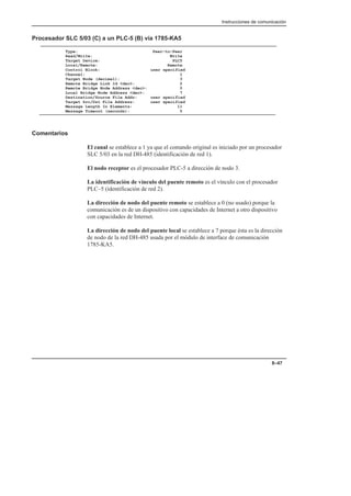 Instrucciones de comunicación
8–47
Procesador SLC 5/03 (C) a un PLC-5 (B) vía 1785-KA5
Type: Peer–to–Peer
Read/Write: Write
Target Device: PLC5
Local/Remote: Remote
Control Block: user specified
Channel: 1
Target Node (decimal): 3
Remote Bridge Link Id dec: 2
Remote Bridge Node Address dec: 0
Local Bridge Node Address dec: 7
Destination/Source File Addr: user specified
Target Src/Dst File Address: user specified
Message Length In Elements: 11
Message Timeout (seconds): 5
Comentarios
El canal se establece a 1 ya que el comando original es iniciado por un procesador
SLC 5/03 en la red DH-485 (identificación de red 1).
El nodo receptor es el procesador PLC-5 a dirección de nodo 3.
La identificación de vínculo del puente remoto es el vínculo con el procesador
PLC–5 (identificación de red 2).
La dirección de nodo del puente remoto se establece a 0 (no usado) porque la
comunicación es de un dispositivo con capacidades de Internet a otro dispositivo
con capacidades de Internet.
La dirección de nodo del puente local se establece a 7 porque ésta es la dirección
de nodo de la red DH-485 usada por el módulo de interface de comunicación
1785-KA5.
 