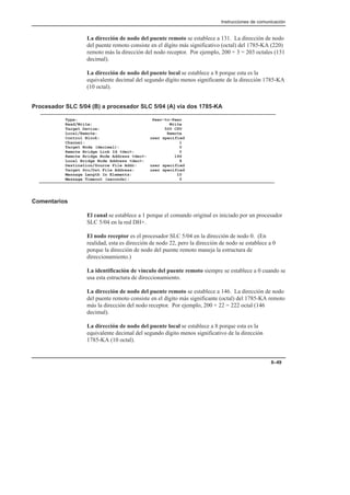 Instrucciones de comunicación
8–49
La dirección de nodo del puente remoto se establece a 131. La dirección de nodo
del puente remoto consiste en el dígito más significativo (octal) del 1785-KA (220)
remoto más la dirección del nodo receptor. Por ejemplo, 200 + 3 = 203 octales (131
decimal).
La dirección de nodo del puente local se establece a 8 porque esta es la
equivalente decimal del segundo dígito menos significante de la dirección 1785-KA
(10 octal).
Procesador SLC 5/04 (B) a procesador SLC 5/04 (A) vía dos 1785-KA
Type: Peer–to–Peer
Read/Write: Write
Target Device: 500 CPU
Local/Remote: Remote
Control Block: user specified
Channel: 1
Target Node (decimal): 0
Remote Bridge Link Id dec: 0
Remote Bridge Node Address dec: 146
Local Bridge Node Address dec: 8
Destination/Source File Addr: user specified
Target Src/Dst File Address: user specified
Message Length In Elements: 10
Message Timeout (seconds): 0
Comentarios
El canal se establece a 1 porque el comando original es iniciado por un procesador
SLC 5/04 en la red DH+.
El nodo receptor es el procesador SLC 5/04 en la dirección de nodo 0. (En
realidad, esta es dirección de nodo 22, pero la dirección de nodo se establece a 0
porque la dirección de nodo del puente remoto maneja la estructura de
direccionamiento.)
La identificación de vínculo del puente remoto siempre se establece a 0 cuando se
usa esta estructura de direccionamiento.
La dirección de nodo del puente remoto se establece a 146. La dirección de nodo
del puente remoto consiste en el dígito más significante (octal) del 1785-KA remoto
más la dirección del nodo receptor. Por ejemplo, 200 + 22 = 222 octal (146
decimal).
La dirección de nodo del puente local se establece a 8 porque esta es la
equivalente decimal del segundo dígito menos significativo de la dirección
1785-KA (10 octal).
 