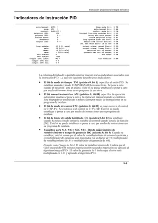 Instrucción proporcional integral derivativa
9–9
Indicadores de instrucción PID
auto/manual: AUTO ∗ time mode Bit: 1 TM
mode: STI ∗ auto/manual bit: 0 AM
control: E=SP–PV ∗ control mode bit: 0 CM
setpoint (SP): 500 0output limiting enabled bit: 1 OL
process (PV): 0 ∗ reset and gain range: 0 RG
scaled error: 0 scale setpoint flag: 0 SC
deadband: 5 loop update time too fast: 0 TF
output (CV): 0 %∗ derivitive (rate) action: 0 DA
DB, set when error is in DB: 0 DB
loop update: 50 [.01 secs] output alarm, upper limit: 0 UL
gain: 25 [/10] output alarm, lower limit: 0 LL
reset: 10 [/10 m/r] setpoint out of range: 0 SP
rate: 1 [/100 min] process var out of range: 0 PV
min scaled: 0 PID done: 0 DN
max scaled: 1000
output (CV) limit: NO ∗ PID enabled: 0 EN
output (CV) min: 0 %
output (CV) max: 0 %
La columna derecha de la pantalla anterior muestra varios indicadores asociados con
la instrucción PID. La sección siguiente describe estos indicadores:
• El bit de modo de tiempo TM (palabra 0, bit 0) especifica el modo PID. Se
establece cuando el modo TEMPORIZADO está en efecto. Se pone a cero
cuando el modo STI está en efecto. Este bit se puede establecer o poner a cero
por medio de instrucciones en su programa de escalera.
• El bit manual/automático AM (palabra 0, bit 01) especifica la operación
automática cuando se pone a cero y la operación manual cuando se establece.
Este bit puede ser establecido o poner a cero por medio de instrucciones en su
programa de escalera.
• El bit de modo de control CM (palabra 0, bit 02) se pone a cero si el control
es E=SP–PV. Se establece si el control es E=PV–SP. Este bit se puede
establecer o poner a cero por medio de instrucciones en su programa de
escalera.
• El bit de límite de salida habilitado OL (palabra 0, bit 03) se establece
cuando ha seleccionado limitar la variable de control usando la tecla de función
[F4]. Este bit se puede establecer o poner a cero por medio de instrucciones en
su programa de escalera.
• Específico para SLC 5/03 y SLC 5/04 – Bit de mejoramiento de
restablecimiento y rango de ganancia RG (palabra 0, bit 4) Cuando se
establece, este bit causa que el valor de restablecimiento de minuto/repetición y
el multiplicador de ganancia sean mejorados por un factor de 10 (multiplicador
de restablecimiento de .01 y multiplicador de ganancia de .01).
Ejemplo con el juego de bit 4 El valor de restablecimiento de 1 indica que el
valor integral de 0.01 minutos/repetición (0.6 segundos/repetición) se aplicará al
algoritmo integral PID. El valor de ganancia de 1 indica que el error será
multiplicado en 0.01 y aplicado al algoritmo PID.
 