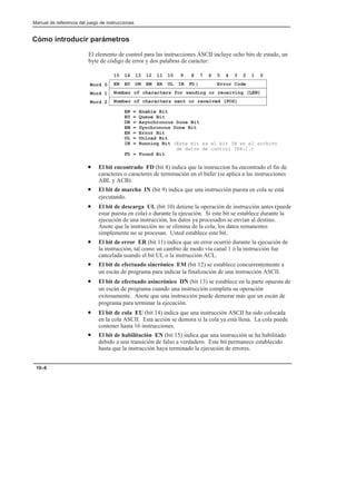 Manual de referencia del juego de instrucciones
10–6
Cómo introducir parámetros
El elemento de control para las instrucciones ASCII incluye ocho bits de estado, un
byte de código de error y dos palabras de carácter:
EN EU DN EM ER UL IN FD| Error Code
15 14 13 12 11 10 9 8 7 6 5 4 3 2 1 0
Number of characters for sending or receiving (LEN)
Number of characters sent or received (POS)
EN = Enable Bit
EU = Queue Bit
DN = Asynchronous Done Bit
EM = Synchronous Done Bit
ER = Error Bit
UL = Unload Bit
IN = Running Bit (Este bit es el bit IN en el archivo
de datos de control [R6:].)
FD = Found Bit
Word 0
Word 1
Word 2
• El bit encontrado FD (bit 8) indica que la instruccion ha encontrado el fin de
caracteres o caracteres de terminación en el búfer (se aplica a las instrucciones
ABL y ACB).
• El bit de marcha IN (bit 9) indica que una instrucción puesta en cola se está
ejecutando.
• El bit de descarga UL (bit 10) detiene la operación de instrucción antes (puede
estar puesta en cola) o durante la ejecución. Si este bit se establece durante la
ejecución de una instrucción, los datos ya procesados se envían al destino.
Anote que la instrucción no se elimina de la cola; los datos remanentes
simplemente no se procesan. Usted establece este bit.
• El bit de error ER (bit 11) indica que un error ocurrió durante la ejecución de
la instrucción, tal como un cambio de modo vía canal 1 ó la instrucción fue
cancelada usando el bit UL o la instrucción ACL.
• El bit de efectuado sincrónico EM (bit 12) se establece concurrentemente a
un escán de programa para indicar la finalización de una instrucción ASCII.
• El bit de efectuado asincrónico DN (bit 13) se establece en la parte opuesta de
un escán de programa cuando una instrucción completa su operación
exitosamente. Anote que una instrucción puede demorar más que un escán de
programa para terminar la ejecución.
• El bit de cola EU (bit 14) indica que una instrucción ASCII ha sido colocada
en la cola ASCII. Esta acción se demora si la cola ya está llena. La cola puede
contener hasta 16 instrucciones.
• El bit de habilitación EN (bit 15) indica que una instrucción se ha habilitado
debido a una transición de falso a verdadero. Este bit permanece establecido
hasta que la instrucción haya terminado la ejecución de errores.
 