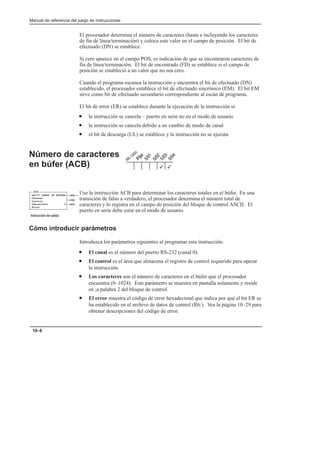 Manual de referencia del juego de instrucciones
10–8
El procesador determina el número de caracteres (hasta e incluyendo los caracteres
de fin de línea/terminación) y coloca este valor en el campo de posición. El bit de
efectuado (DN) se establece.
Si cero aparece en el campo POS, es indicación de que se encontraron caracteres de
fin de línea/terminación. El bit de encontrado (FD) se establece si el campo de
posición se estableció a un valor que no sea cero.
Cuando el programa escanea la instrucción y encuentra el bit de efectuado (DN)
establecido, el procesador establece el bit de efectuado sincrónico (EM). El bit EM
sirve como bit de efectuado secundario correspondiente al escán de programa.
El bit de error (ER) se establece durante la ejecución de la instrucción si:
• la instrucción se cancela – puerto en serie no en el modo de usuario
• la instrucción se cancela debido a un cambio de modo de canal
• el bit de descarga (UL) se establece y la instrucción no se ejecuta
Número de caracteres
en búfer (ACB)
Use la instrucción ACB para determinar los caracteres totales en el búfer. En una
transición de falso a verdadero, el procesador determina el número total de
caracteres y lo registra en el campo de posición del bloque de control ASCII. El
puerto en serie debe estar en el modo de usuario.
Cómo introducir parámetros
Introduzca los parámetros siguientes al programar esta instrucción:
• El canal es el número del puerto RS-232 (canal 0).
• El control es el área que almacena el registro de control requerido para operar
la instrucción.
• Los caracteres son el número de caracteres en el búfer que el procesador
encuentra (0–1024). Este parámetro se muestra en pantalla solamente y reside
en ;a palabra 2 del bloque de control.
• El error muestra el código de error hexadecimal que indica por qué el bit ER se
ha establecido en el archivo de datos de control (R6:). Vea la página 10–29 para
obtener descripciones del código de error.
3
3
ASCII CHARS IN BUFFER
Channel
Control
Characters 0
Error
(EN)
(DN)
ACB
(ER)
    
 