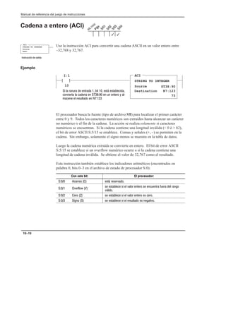 Preface
Manual de referencia del juego de instrucciones
10–10
Cadena a entero (ACI)
Use la instrucción ACI para convertir una cadena ASCII en un valor entero entre
–32,768 y 32,767.
Ejemplo
ACI
STRING TO INTEGER
Source
Destination
I:1
10


ST38:90
N7:123
75
  $'$  $    %+ % 
#($       ' $# *  -
!  $%' #   
El procesador busca la fuente (tipo de archivo ST) para localizar el primer carácter
entre 0 y 9. Todos los caracteres numéricos son extraídos hasta alcanzar un carácter
no numérico o el fin de la cadena. La acción se realiza solamente si caracteres
numéricos se encuentran. Si la cadena contiene una longitud inválida ( 0 ó  82),
el bit de error ASCII S:5/15 se establece. Comas y señales (+, –) se permiten en la
cadena. Sin embargo, solamente el signo menos se muestra en la tabla de datos.
Luego la cadena numérica extraída se convierte en entero. El bit de error ASCII
S:5/15 se establece si un overflow numérico ocurre o si la cadena contiene una
longitud de cadena inválida. Se obtiene el valor de 32,767 como el resultado.
Esta instrucción también establece los indicadores aritméticos (encontrados en
palabra 0, bits 0–3 en el archivo de estado de procesador S:0):
Con este bit: El procesador:
  $$#  %+ $%$(#
  ($ #) 
% %  %  ( #$ $# % '$ '$  $#
(+ #
  $#  % %  %  ( #$ $# % $#
  #  % %  %  $%' # % (#
3
3
ACI
STRING TO INTEGER
Source
Dest
%$',  % 
 