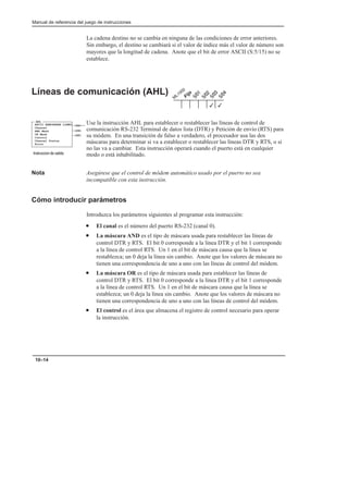 Manual de referencia del juego de instrucciones
10–14
La cadena destino no se cambia en ninguna de las condiciones de error anteriores.
Sin embargo, el destino se cambiará si el valor de índice más el valor de número son
mayores que la longitud de cadena. Anote que el bit de error ASCII (S:5/15) no se
establece.
Líneas de comunicación (AHL)
Use la instrucción AHL para establecer o restablecer las líneas de control de
comunicación RS-232 Terminal de datos lista (DTR) y Petición de envío (RTS) para
su módem. En una transición de falso a verdadero, el procesador usa las dos
máscaras para determinar si va a establecer o restablecer las líneas DTR y RTS, o si
no las va a cambiar. Esta instrucción operará cuando el puerto está en cualquier
modo o está inhabilitado.
Nota Asegúrese que el control de módem automático usado por el puerto no sea
incompatible con esta instrucción.
Cómo introducir parámetros
Introduzca los parámetros siguientes al programar esta instrucción:
• El canal es el número del puerto RS-232 (canal 0).
• La máscara AND es el tipo de máscara usada para restablecer las líneas de
control DTR y RTS. El bit 0 corresponde a la línea DTR y el bit 1 corresponde
a la línea de control RTS. Un 1 en el bit de máscara causa que la línea se
restablezca; un 0 deja la línea sin cambio. Anote que los valores de máscara no
tienen una correspondencia de uno a uno con las líneas de control del módem.
• La máscara OR es el tipo de máscara usada para establecer las líneas de
control DTR y RTS. El bit 0 corresponde a la línea DTR y el bit 1 corresponde
a la línea de control RTS. Un 1 en el bit de máscara causa que la línea se
establezca; un 0 deja la línea sin cambio. Anote que los valores de máscara no
tienen una correspondencia de uno a uno con las líneas de control del módem.
• El control es el área que almacena el registro de control necesario para operar
la instrucción.
3
3
ASCII HANDSHAKE LINES
Channel
AND Mask
OR Mask
Control
Channel Status
Error
AHL
(EN)
(DN)
(ER)
    
 