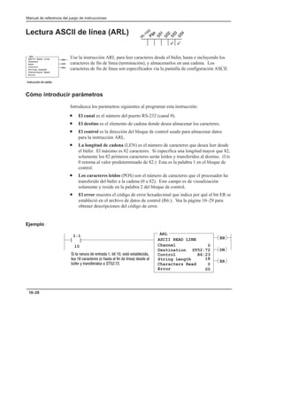 Manual de referencia del juego de instrucciones
10–20
Lectura ASCII de línea (ARL)
Use la instrucción ARL para leer caracteres desde el búfer, hasta e incluyendo los
caracteres de fin de línea (terminación), y almacenarlos en una cadena. Los
caracteres de fin de línea son especificados vía la pantalla de configuración ASCII.
Cómo introducir parámetros
Introduzca los parámetros siguientes al programar esta instrucción:
• El canal es el número del puerto RS-232 (canal 0).
• El destino es el elemento de cadena donde desea almacenar los caracteres.
• El control es la dirección del bloque de control usado para almacenar datos
para la instrucción ARL.
• La longitud de cadena (LEN) es el número de caracteres que desea leer desde
el búfer. El máximo es 82 caracteres. Si especifica una longitud mayor que 82,
solamente los 82 primeros caracteres serán leídos y transferidos al destino. (Un
0 retorna al valor predeterminado de 82.) Esta es la palabra 1 en el bloque de
control.
• Los caracteres leídos (POS) son el número de caracteres que el procesador ha
transferido del búfer a la cadena (0 a 82). Este campo es de visualización
solamente y reside en la palabra 2 del bloque de control.
• El error muestra el código de error hexadecimal que indica por qué el bit ER se
estableció en el archivo de datos de control (R6:). Vea la página 10–29 para
obtener descripciones del código de error.
Ejemplo
ARL
ASCII READ LINE
Channel
Destination
I:1
10


Control
0
ST52:72
R6:23
String Length
Characters Read
18
0
EN
DN
ER
         
          
$  !   
Error 00
3
3
ASCII Read Line
Channel
Dest
Control
String Length
Characters Read
Error
(EN)
(DN)
ARL
(ER)
#  
 