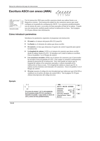 Manual de referencia del juego de instrucciones
10–24
Escritura ASCII con anexo (AWA)
Use la instrucción AWA para escribir caracteres desde una cadena fuente a un
dispositivo externo. Esta instrucción añade los dos caracteres anexos que usted
configura en la pantalla de configuración ASCII. Los caracteres predeterminados
son un retorno de carro y un avance de línea anexados al final de la cadena. Cuando
usa esta instrucción, también puede realizar la indirección en línea. Vea la página
10–26 para obtener más información.
Cómo introducir parámetros
Introduzca los parámetros siguientes al programar esta instrucción:
• El canal es el número del puerto RS-232 (canal 0).
• La fuente es el elemento de cadena que desea escribir.
• El control es el área que almacena el registro de control requerido para operar
la instrucción.
• La longitud de cadena (.LEN) es el número de caracters que desea escribir
desde la cadena fuente (0 a 82). Si introduce un 0, toda la cadena se escribirá.
Esta es la palabra 1 en el bloque de control.
• Los caracteres enviados (.POS) son el número de caracteres que el procesador
ha enviado al área de pantalla (0 a 82). Este campo se actualiza continuamente
durante la ejecución de la instrucción. Este valor puede ser mayor que la
longitud de cadena si los caracteres anexados o valores insertados de la
indirección en línea se usan. Si la longitud de cadena es mayor que 82, la
cadena escrita al destino será truncada a 82 caracteres. Esta es la palabra 2 en el
bloque de control.
• El error muestra el código de error hexadecimal que indica por qué el bit ER se
estableció en el archivo de datos de control (R6:). Vea la página 10–29 para
obtener descripciones del código de error.
Ejemplo
AWA
ASCII WRITE APPEND
Channel
Source
I:1
10


Control
0
ST37:42
R6:23
String Length
Characters Sent
25
0
EN
DN
ER
  !        $  
       # % 
     !  !   
 #   %   Error 00
3
3
ASCII WRITE APPEND
Channel
Source
Control
String Length
Characters Sent
Error
(EN)
(DN)
AWA
(ER)
 !  
 