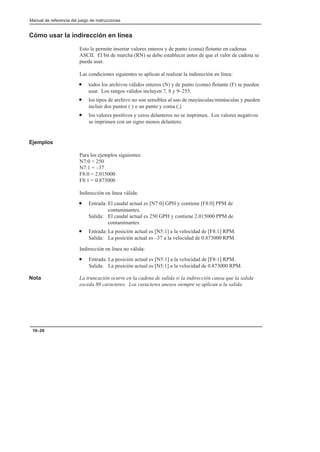 Manual de referencia del juego de instrucciones
10–26
Cómo usar la indirección en línea
Esto le permite insertar valores enteros y de punto (coma) flotante en cadenas
ASCII. El bit de marcha (RN) se debe establecer antes de que el valor de cadena se
pueda usar.
Las condiciones siguientes se aplican al realizar la indirección en línea:
• todos los archivos válidos enteros (N) y de punto (coma) flotante (F) se pueden
usar. Los rangos válidos incluyen 7, 8 y 9–255.
• los tipos de archivo no son sensibles al uso de mayúsculas/minúsculas y pueden
incluir dos puntos (:) o un punto y coma (;)
• los valores positivos y ceros delanteros no se imprimen. Los valores negativos
se imprimen con un signo menos delantero.
Ejemplos
Para los ejemplos siguientes:
N7:0 = 250
N7:1 = –37
F8:0 = 2.015000
F8:1 = 0.873000
Indirección en línea válida:
• Entrada: El caudal actual es [N7:0] GPH y contiene [F8:0] PPM de
contaminantes.
Salida: El caudal actual es 250 GPH y contiene 2.015000 PPM de
contaminantes.
• Entrada: La posición actual es [N5:1] a la velocidad de [F8:1] RPM.
Salida: La posición actual es –37 a la velocidad de 0.873000 RPM.
Indirección en línea no válida:
• Entrada: La posición actual es [N5:1] a la velocidad de [F8:1] RPM.
Salida: La posición actual es [N5:1] a la velocidad de 0.873000 RPM.
Nota La truncación ocurre en la cadena de salida si la indirección causa que la salida
exceda 80 caracteres. Los caracteres anexos siempre se aplican a la salida.
 
