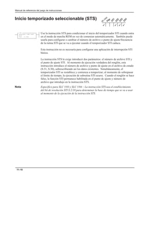 Manual de referencia del juego de instrucciones
11–18
Inicio temporizado seleccionable (STS)
Use la instrucción STS para condicionar el inicio del temporizador STI cuando entra
en el modo de marcha REM en vez de comenzar automáticamente. También puede
usarla para configurar o cambiar el número de archivo o punto de ajuste/frecuencia
de la rutina STI que se va a ejecutar cuando el temporizador STI caduca.
Esta instrucción no es necesaria para configurar una aplicación de interrupción STI
básica.
La instrucción STS le exige introducir dos parámetros: el número de archivo STI y
el punto de ajuste STI. Al momento de ejecución verdadera del renglón, esta
instrucción introduce el número de archivo y punto de ajuste en el archivo de estado
(S:31, S:30), sobrescribiendo así los datos existentes. Simultáneamente, el
temporizador STI se restablece y comienza a temporizar; al momento de sobrepasar
el límite de tiempo, la ejecución de subrutina STI ocurre. Cuando el renglón se hace
falso, la función STI permanece habilitada en el punto de ajuste y número de
archivo que introdujo en la instrucción STS.
Nota Específico para SLC 5/03 y SLC 5/04 – La instrucción STS usa el establecimiento
del bit de resolución STI S:2/10 para determinar la base de tiempo que se va a usar
al momento de la ejecución de la instrucción STS.
3
3
3
3
STS
SELECTABLE TIMED START
File
Time [x 10ms]
 