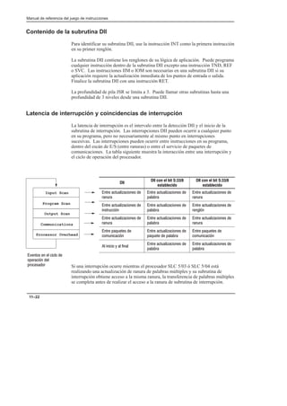 Preface
Manual de referencia del juego de instrucciones
11–22
Contenido de la subrutina DII
Para identificar su subrutina DII, use la instrucción INT como la primera instrucción
en su primer renglón.
La subrutina DII contiene los renglones de su lógica de aplicación. Puede programa
cualquier instrucción dentro de la subrutina DII excepto una instrucción TND, REF
o SVC. Las instrucciones IIM o IOM son necesarias en una subrutina DII si su
aplicación requiere la actualización inmediata de los puntos de entrada o salida.
Finalice la subrutina DII con una instrucción RET.
La profundidad de pila JSR se limita a 3. Puede llamar otras subrutinas hasta una
profundidad de 3 niveles desde una subrutina DII.
Latencia de interrupción y coincidencias de interrupción
La latencia de interrupción es el intervalo entre la detección DII y el inicio de la
subrutina de interrupción. Las interrupciones DII pueden ocurrir a cualquier punto
en su programa, pero no necesariamente al mismo punto en interrupciones
sucesivas. Las interrupciones pueden ocurrir entre instrucciones en su programa,
dentro del escán de E/S (entre ranuras) o entre el servicio de paquetes de
comunicaciones. La tabla siguiente muestra la interacción entre una interrupción y
el ciclo de operación del procesador.
DII
DII con el bit S:33/8
establecido
DII con el bit S:33/8
establecido
      
 
      
 
      
 
      
 
      
 
      
 
      
 
      
 
      
 
   
   
      
   
   
   
      
      
 
      
 
Si una interrupción ocurre mientras el procesador SLC 5/03 ó SLC 5/04 está
realizando una actualización de ranura de palabras múltiples y su subrutina de
interrupción obtiene acceso a la misma ranura, la transferencia de palabras múltiples
se completa antes de realizar el acceso a la ranura de subrutina de interrupción.
Processor Overhead
Communications
Output Scan
Program Scan
Input Scan
       
  

 