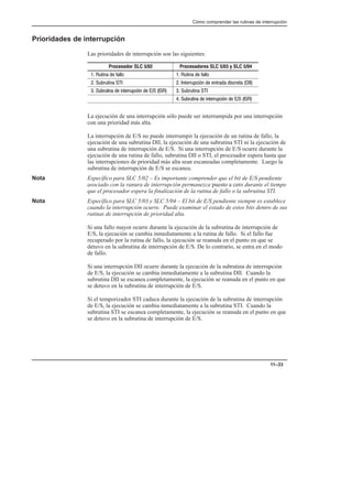 Cómo comprender las rutinas de interrupción
11–33
Prioridades de interrupción
Las prioridades de interrupción son las siguientes:
Procesador SLC 5/02 Procesadores SLC 5/03 y SLC 5/04
       
         
          
       
La ejecución de una interrupción sólo puede ser interrumpida por una interrupción
con una prioridad más alta.
La interrupción de E/S no puede interrumpir la ejecución de un rutina de fallo, la
ejecución de una subrutina DII, la ejecución de una subrutina STI ni la ejecución de
una subrutina de interrupción de E/S. Si una interrupción de E/S ocurre durante la
ejecución de una rutina de fallo, subrutina DII o STI, el procesador espera hasta que
las interrupciones de prioridad más alta sean escaneadas completamente. Luego la
subrutina de interrupción de E/S se escanea.
Nota Específico para SLC 5/02 – Es importante comprender que el bit de E/S pendiente
asociado con la ranura de interrupción permanezca puesto a cero durante el tiempo
que el procesador espera la finalización de la rutina de fallo o la subrutina STI.
Nota Específico para SLC 5/03 y SLC 5/04 – El bit de E/S pendiente siempre es establece
cuando la interrupción ocurre. Puede examinar el estado de estos bits dentro de sus
rutinas de interrupción de prioridad alta.
Si una fallo mayor ocurre durante la ejecución de la subrutina de interrupción de
E/S, la ejecución se cambia inmediatamente a la rutina de fallo. Si el fallo fue
recuperado por la rutina de fallo, la ejecución se reanuda en el punto en que se
detuvo en la subrutina de interrupción de E/S. De lo contrario, se entra en el modo
de fallo.
Si una interrupción DII ocurre durante la ejecución de la subrutina de interrupción
de E/S, la ejecución se cambia inmediatamente a la subrutina DII. Cuando la
subrutina DII se escanea completamente, la ejecución se reanuda en el punto en que
se detuvo en la subrutina de interrupción de E/S.
Si el temporizador STI caduca durante la ejecución de la subrutina de interrupción
de E/S, la ejecución se cambia inmediatamente a la subrutina STI. Cuando la
subrutina STI se escanea completamente, la ejecución se reanuda en el punto en que
se detuvo en la subrutina de interrupción de E/S.
 