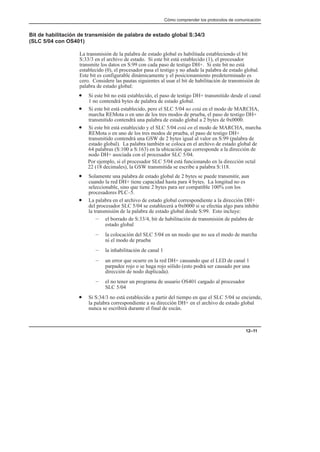 Cómo comprender los protocolos de comunicación
12–11
Bit de habilitación de transmisión de palabra de estado global S:34/3
(SLC 5/04 con OS401)
La transmisión de la palabra de estado global es habilitada estableciendo el bit
S:33/3 en el archivo de estado. Si este bit está establecido (1), el procesador
transmite los datos en S:99 con cada paso de testigo DH+. Si este bit no está
establecido (0), el procesador pasa el testigo y no añade la palabra de estado global.
Este bit es configurable dinámicamente y el posicionamiento predeterminado es
cero. Considere las pautas siguientes al usar el bit de habilitación de transmisión de
palabra de estado global:
• Si este bit no está establecido, el paso de testigo DH+ transmitido desde el canal
1 no contendrá bytes de palabra de estado global.
• Si este bit está establecido, pero el SLC 5/04 no está en el modo de MARCHA,
marcha REMota o en uno de los tres modos de prueba, el paso de testigo DH+
transmitido contendrá una palabra de estado global a 2 bytes de 0x0000.
• Si este bit está establecido y el SLC 5/04 está en el modo de MARCHA, marcha
REMota o en uno de los tres modos de prueba, el paso de testigo DH+
transmitido contendrá una GSW de 2 bytes igual al valor en S:99 (palabra de
estado global). La palabra también se coloca en el archivo de estado global de
64 palabras (S:100 a S:163) en la ubicación que corresponde a la dirección de
nodo DH+ asociada con el procesador SLC 5/04.
Por ejemplo, si el procesador SLC 5/04 está funcionando en la dirección octal
22 (18 decimales), la GSW transmitida se escribe a palabra S:118.
• Solamente una palabra de estado global de 2 bytes se puede transmitir, aun
cuando la red DH+ tiene capacidad hasta para 4 bytes. La longitud no es
seleccionable, sino que tiene 2 bytes para ser compatible 100% con los
procesadores PLC–5.
• La palabra en el archivo de estado global correspondiente a la dirección DH+
del procesador SLC 5/04 se establecerá a 0x0000 si se efectúa algo para inhibir
la transmisión de la palabra de estado global desde S:99. Esto incluye:
– el borrado de S:33/4, bit de habilitación de transmisión de palabra de
estado global
– la colocación del SLC 5/04 en un modo que no sea el modo de marcha
ni el modo de prueba
– la inhabilitación de canal 1
– un error que ocurre en la red DH+ causando que el LED de canal 1
parpadee rojo o se haga rojo sólido (esto podrá ser causado por una
dirección de nodo duplicada).
– el no tener un programa de usuario OS401 cargado al procesador
SLC 5/04
• Si S:34/3 no está establecido a partir del tiempo en que el SLC 5/04 se enciende,
la palabra correspondiente a su dirección DH+ en el archivo de estado global
nunca se escribirá durante el final de escán.
 