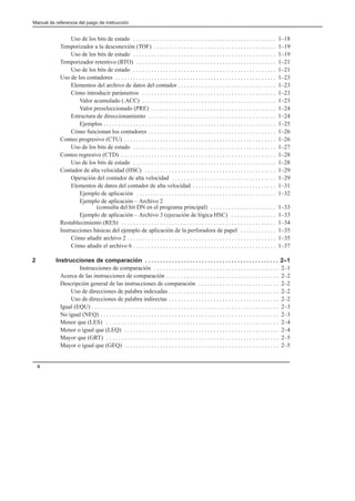 Manual de referencia del juego de instrucción
ii
Uso de los bits de estado 1–18
. . . . . . . . . . . . . . . . . . . . . . . . . . . . . . . . . . . . . . . . . . . . . . . .
Temporizador a la desconexión (TOF) 1–19
. . . . . . . . . . . . . . . . . . . . . . . . . . . . . . . . . . . . . . . . .
Uso de los bits de estado 1–19
. . . . . . . . . . . . . . . . . . . . . . . . . . . . . . . . . . . . . . . . . . . . . . . .
Temporizador retentivo (RTO) 1–21
. . . . . . . . . . . . . . . . . . . . . . . . . . . . . . . . . . . . . . . . . . . . . . .
Uso de los bits de estado 1–21
. . . . . . . . . . . . . . . . . . . . . . . . . . . . . . . . . . . . . . . . . . . . . . . .
Uso de los contadores 1–23
. . . . . . . . . . . . . . . . . . . . . . . . . . . . . . . . . . . . . . . . . . . . . . . . . . . . . .
Elementos del archivo de datos del contador 1–23
. . . . . . . . . . . . . . . . . . . . . . . . . . . . . . . . .
Cómo introducir parámetros 1–23
. . . . . . . . . . . . . . . . . . . . . . . . . . . . . . . . . . . . . . . . . . . . .
Valor acumulado (.ACC) 1–23
. . . . . . . . . . . . . . . . . . . . . . . . . . . . . . . . . . . . . . . . . . . . .
Valor preseleccionado (PRE) 1–24
. . . . . . . . . . . . . . . . . . . . . . . . . . . . . . . . . . . . . . . . . .
Estructura de direccionamiento 1–24
. . . . . . . . . . . . . . . . . . . . . . . . . . . . . . . . . . . . . . . . . . .
Ejemplos 1–25
. . . . . . . . . . . . . . . . . . . . . . . . . . . . . . . . . . . . . . . . . . . . . . . . . . . . . . . . . .
Cómo funcionan los contadores 1–26
. . . . . . . . . . . . . . . . . . . . . . . . . . . . . . . . . . . . . . . . . . .
Conteo progresivo (CTU) 1–26
. . . . . . . . . . . . . . . . . . . . . . . . . . . . . . . . . . . . . . . . . . . . . . . . . . .
Uso de los bits de estado 1–27
. . . . . . . . . . . . . . . . . . . . . . . . . . . . . . . . . . . . . . . . . . . . . . . .
Conteo regresivo (CTD) 1–28
. . . . . . . . . . . . . . . . . . . . . . . . . . . . . . . . . . . . . . . . . . . . . . . . . . . .
Uso de los bits de estado 1–28
. . . . . . . . . . . . . . . . . . . . . . . . . . . . . . . . . . . . . . . . . . . . . . . .
Contador de alta velocidad (HSC) 1–29
. . . . . . . . . . . . . . . . . . . . . . . . . . . . . . . . . . . . . . . . . . . .
Operación del contador de alta velocidad 1–29
. . . . . . . . . . . . . . . . . . . . . . . . . . . . . . . . . . .
Elementos de datos del contador de alta velocidad 1–31
. . . . . . . . . . . . . . . . . . . . . . . . . . . .
Ejemplo de aplicación 1–32
. . . . . . . . . . . . . . . . . . . . . . . . . . . . . . . . . . . . . . . . . . . . . . .
Ejemplo de aplicación – Archivo 2
(consulta del bit DN en el programa principal) 1–33
. . . . . . . . . . . . . . . . . . . . . .
Ejemplo de aplicación – Archivo 3 (ejecución de lógica HSC) 1–33
. . . . . . . . . . . . . . .
Restablecimiento (RES) 1–34
. . . . . . . . . . . . . . . . . . . . . . . . . . . . . . . . . . . . . . . . . . . . . . . . . . . .
Instrucciones básicas del ejemplo de aplicación de la perforadora de papel 1–35
. . . . . . . . . . . .
Cómo añadir archivo 2 1–35
. . . . . . . . . . . . . . . . . . . . . . . . . . . . . . . . . . . . . . . . . . . . . . . . . .
Cómo añadir el archivo 6 1–37
. . . . . . . . . . . . . . . . . . . . . . . . . . . . . . . . . . . . . . . . . . . . . . . .
2 Instrucciones de comparación 2–1
. . . . . . . . . . . . . . . . . . . . . . . . . . . . . . . . . . . . . . . . . . . . .
Instrucciones de comparación 2–1
. . . . . . . . . . . . . . . . . . . . . . . . . . . . . . . . . . . . . . . . . .
Acerca de las instrucciones de comparación 2–2
. . . . . . . . . . . . . . . . . . . . . . . . . . . . . . . . . . . . . .
Descripción general de las instrucciones de comparación 2–2
. . . . . . . . . . . . . . . . . . . . . . . . . . .
Uso de direcciones de palabra indexadas 2–2
. . . . . . . . . . . . . . . . . . . . . . . . . . . . . . . . . . . . .
Uso de direcciones de palabra indirectas 2–2
. . . . . . . . . . . . . . . . . . . . . . . . . . . . . . . . . . . . .
Igual (EQU) 2–3
. . . . . . . . . . . . . . . . . . . . . . . . . . . . . . . . . . . . . . . . . . . . . . . . . . . . . . . . . . . . . . .
No igual (NEQ) 2–3
. . . . . . . . . . . . . . . . . . . . . . . . . . . . . . . . . . . . . . . . . . . . . . . . . . . . . . . . . . . .
Menor que (LES) 2–4
. . . . . . . . . . . . . . . . . . . . . . . . . . . . . . . . . . . . . . . . . . . . . . . . . . . . . . . . . .
Menor o igual que (LEQ) 2–4
. . . . . . . . . . . . . . . . . . . . . . . . . . . . . . . . . . . . . . . . . . . . . . . . . . . .
Mayor que (GRT) 2–5
. . . . . . . . . . . . . . . . . . . . . . . . . . . . . . . . . . . . . . . . . . . . . . . . . . . . . . . . . .
Mayor o igual que (GEQ) 2–5
. . . . . . . . . . . . . . . . . . . . . . . . . . . . . . . . . . . . . . . . . . . . . . . . . . . .
 