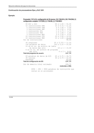 Preface
Manual de referencia del juego de instrucciones
C–14
Continuación de procesadores fijos y SLC 5/01
Ejemplo
Procesador 1747ĆL514, configuración de 30 ranuras, (15) 1746ĆIA16, (10) 1746ĆOA8, (1)
configuración completa 1747ĆDCM, (1) 1746ĆNI4, (1) 1746ĆNIO41
50 XIC y XIO 50 x 1.00 = 50.00
15 instrucciones OTE 15 x 0.75 = 11.25
5 instrucciones TON 5 x 1.00 = 5.00
3 instrucciones GRT 3 x 1.50 = 4.50
1 instrucción SCL 1 x 1.75 = 1.75
1 instrucción TOD 1 x 1.00 = 1.00
3 instrucciones MOV 3 x 1.50 = 4.50
10 instrucciones CTU 10 x 1.00 = 10.00
10 instrucciones RES 10 x 1.00 = 10.00
Uso de instrucciones 98.00
30 renglones 30 x 0.375 = 11.25
100 palabras de datos 100 x 0.25 = 25.00
10 es el no. de archivo de tabla
de datos más alto 10 x 1 = 10.00
4 es el no. de archivo de programa
más alto 4 x 2 = 8.00
Total del programa de usuario 163.50
49 palabras de datos de E/S 49 x 0.75 = 36.75
30 ranuras 30 x 0.75 = 22.50
Overhead 67.00
Total de configuración de E/S 126.25
Uso de memoria total estimado: 289.75
(redondee a 290)
4096 – 290 = 3806 palabras de instrucción que
restan en el procesador
 