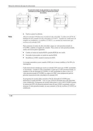 Manual de referencia del juego de instrucciones
1–30


              
             
   
4. Vuelva a poner la cubierta.
Nota Ahora la entrada I:0/0 funciona en modo de alta velocidad. La dirección del bit de
habilitación del contador de alta velocidad es C5:0/CU. Cuando las condiciones de
renglón son verdaderas, se establece C5:0/CU y se cuentan las transiciones que
ocurren en la entrada I:0/0.
Para comenzar el conteo de alta velocidad, cargue un valor preseleccionado en
C5:0.PRE y habilite el renglón de contador. Para contar un valor preseleccionado,
realice uno de los pasos siguientes:
• Cambie al modo de marcha REM o prueba REM de otro modo.
• Encienda el procesador en modo de marcha REM.
• Restablezca el HSC usando la instrucción RES.
La recarga automática ocurre cuando el HSC por sí mismo establece el bit DN a la
interrupción.
Cada transición de entrada que ocurre en entrada I:0/0 causa que el HSC acumulado
se incremente. Cuando el valor acumulado es igual que el valor preseleccionado, se
establece el bit de efectuado (C5:0/DN), el valor acumulado se pone a cero y el
valor preseleccionado (C5:0.PRE) se carga en el HSC como preparación para la
próxima transición de alta velocidad en la entrada I:0/0.
Su programa de escalera debe consultar el bit de efectuado (C5:0/DN) para
determinar el estado del HSC. Una vez que el bit de efectuado haya sido detectado
como establecido, el programa de escalera debe poner a cero el bit C5:0/DN (usando
la instrucción OTU de desenclavamiento) antes de que el HSC acumulado vuelva a
alcanzar el valor preseleccionado; en caso contrario, el bit de overflow (C5:0/OV) se
establecerá.
 