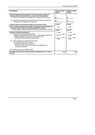 Tiempo de escán estimado
D–13
Procedimiento Tiempo de escán
mínimo
Tiempo de escán
máximo
3. Estime el tiempo de escán de  . Este cálculo aproximado supone e la
operación de todas las instrucciones una vez por cada escán de operación.
3.1 Cuente el no. de renglones en el programa APS. Coloque el valor en la línea (A).
3.2 Calcule el tiempo de ejecución de programa (B) cuando todas las instrucciones son
verdaderas. (Vea el apéndice A para hacer esto.)
4. Sume los valores en las columnas de tiempo de escán mínimo y máximo.
A)__________
B)__________
___________
subtotal
A)_________
B)_________
_________
subtotal
5. Sume el tiempo de overhead del    (178 para tiempo de escán mínimo; 278
para tiempo de escán máximo) a los subtotales estimados en el paso 4.
Use estos subtotales nuevos para calcular el overhead de comunicaciones en el paso 6.
+ 178
__________
subtotal
+ 278
_________
subtotal
6. Calcule el overhead de   
6.1 Calcule el overhead de comunicación de fondo:
multiplique el subtotal para el tiempo de escán mín. (estimado en el paso 5) entre 1;
multiplique el subtotal para el tiempo de escán máx. entre 1.140
(el valor máx. toma en cuenta la red activa DHĆ485)..
6.2 Calcule el overhead de comunicación de primer plano:
por el tiempo de escán mínimo, añada 0;
por el tiempo de escán máximo, añada 2310.
(El tiempo de escán máximo toma en cuenta que el programador está
conectado al procesador.)
6.3 Convierta µseg a mseg y divida entre 1000.
x 1.000
__________ µseg
+ 0
__________ µseg
/ 1000
x 1.140
_________ µseg
+ 2310
_________ µseg
/ 1000
                  

mseg mseg
 