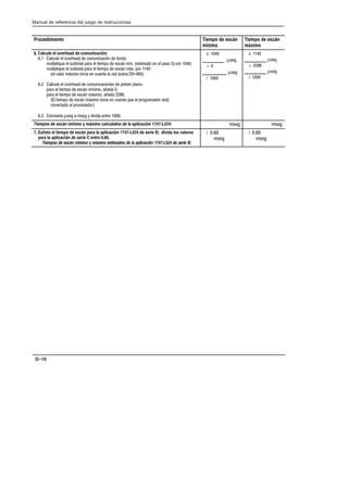 Preface
Manual de referencia del juego de instrucciones
D–16
Procedimiento Tiempo de escán
mínimo
Tiempo de escán
máximo
6. Calcule el overhead de  
 '  !($  !' .  ! !
'#'  %'! $  !  %+ ,  %!   %!  !$  
'#'  %'! $  !  %+ +) !$  
 (!$ +)! !  '   $ ( /  
 '  !($  !' ! %  $$  !
$  !  %+ , ! - 
$  !  %+ +)! -  
 !  %+ +)! !  '  #'  $!$!$ %+
! !  $!%!$
 ! ($ µ%  % * (  $ 
)  
_________ µ%
 
__________ µ%
 
)  
_________ µ%
 
_________ µ%
 
              % %
7. Estime el tiempo de escán para la aplicación 1747ĆL524 de serie B; divida los valores
para la aplicación de serie C entre 0.60.
               
  
%
  
%
 