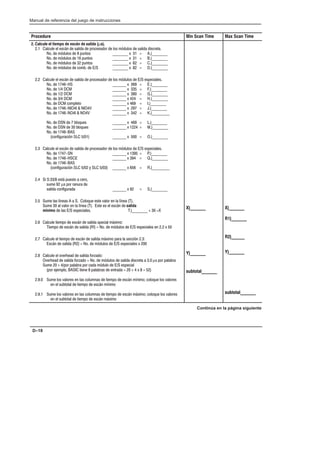 Preface
Manual de referencia del juego de instrucciones
D–18
Procedure Min Scan Time Max Scan Time
2. Calcule el tiempo de escán de  (µs).
2.1 Calcule el escán de salida de procesador de los módulos de salida discreta.
No. de módulos de 8 puntos ________ x 31 = A.)________
No. de módulos de 16 puntos ________ x 31 = B.)________
No. de módulos de 32 puntos ________ x 62 = C.)________
No. de módulos de comb. de E/S ________ x 82 = D.)________
2.2 Calcule el escán de salida de procesador de los módulos de E/S especiales.
No. de 1746-HS _______ x 369 = E.)________
No. de 1/4 DCM _______ x 335 = F.)________
No. de 1/2 DCM _______ x 380 = G.)________
No. de 3/4 DCM _______ x 424 = H.)________
No. de DCM completo _______ x 469 = I.)________
No. de 1746-NIO4I  NIO4V _______ x 297 = J.)________
No. de 1746-NO4I  NO4V _______ x 342 = K.)_________
No. de DSN de 7 bloques _______ x 469 = L.)________
No. de DSN de 30 bloques _______ x 1224 = M.)________
No. de 1746-BAS
(configuración SLC 5/01) _______ x 500 = O.)________
2.3 Calcule el escán de salida de procesador de los módulos de E/S especiales.
No. de 1747-SN _______ x 1395 = P.)________
No. de 1746-HSCE _______ x 394 = Q.)________
No. de 1746-BAS
(configuración SLC 5/02 y SLC 5/03) _______ x 656 = R.)_________
2.4 Si S:33/8 está puesto a cero,
sume 92 µs por ranura de
salida configurada _______ x 92 = S.)________
2.5 Sume las líneas A a S. Coloque este valor en la línea (T).
Sume 30 al valor en la línea (T). Este es el escán de salida
mínimo de las E/S especiales. T.)________ + 30 =X
2.6 Calcule tiempo de escán de salida special máximo:
Tiempo de escán de salida (R!) = No. de módulos de E/S especiales en 2.2 x 50
2.7 Calcule el tiempo de escán de salida máximo para la sección 2.3:
Escán de salida (R2) = No. de módulos de E/S especiales x 200
2.8 Calcule el overhead de salida forzado:
Overhead de salida forzado = No. de módulos de salida discreta a 3.0 µs por palabra
Sume 20 + 4/por palabra por cada módulo de E/S especial
(por ejemplo, BASIC tiene 8 palabras de entrada = 20 + 4 x 8 = 52)
2.9.0 Sume los valores en las columnas de tiempo de escán mínimo; coloque los valores
en el subtotal de tiempo de escán mínimo
2.9.1 Sume los valores en las columnas de tiempo de escán máximo; coloque los valores
en el subtotal de tiempo de escán máximo
X)_______
Y)_______
subtotal_______
X)_______
R1)_______
R2)______
Y)_______
subtotal_______
Continúa en la página siguiente
 