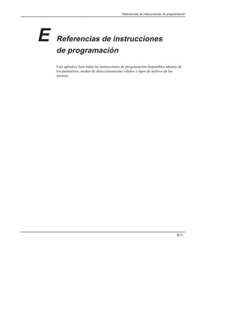Referencias de instrucciones de programación
E–1
E Referencias de instrucciones
de programación
Este apéndice lista todas las instrucciones de programación disponibles además de
los parámetros, modos de direccionamiento válidos y tipos de archivo de las
mismas.
 