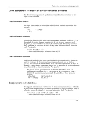 Referencias de instrucciones de programación
E–3
Cómo comprender los modos de direccionamientos diferentes
Las descripciones siguientes le ayudarán a comprender cómo estructurar un tipo
específico de dirección.
Direccionamiento directo
Los datos almacenados en la dirección especificada se usa en la instrucción. Por
ejemplo:
N7:0 T4:8.ACC
ST20:5
Direccionamiento indexado
Usted puede especificar una dirección como indexada colocando el carácter “#” al
frente de la dirección. Cuando una dirección de esta forma se encuentra en el
programa, el procesador toma el número de elemento de la dirección y lo suma al
valor contenido en el registro de índice S:24 y usa el resultado como la dirección
real. Por ejemplo:
#N7:10 donde S:24 = 15
La dirección real usada por la instrucción es N7:25.
Direccionamiento indirecto
Usted puede especificar una dirección como indirecta reemplazando el número de
archivo, el número de elemento o el número de subelemento con un símbolo
[Xf:e.s]. La dirección de palabra dentro de los corchetes es encuestada en busca de
un valor. Luego, el valor encuestado se convierte en la porción de archivo, elemento
o subelemento de la dirección indirecta. Por ejemplo:
B3:[N10:2] declara que la dirección de elemento del archivo de bit 3 es
contenida en la dirección N10:2. Por lo tanto, si N10:2 contiene el valor 5,
B3:[N10:2] se refiere indirectamente a la dirección B3:5. Otros ejemplos
incluyen:
N7:[N7:0] N[N7:0]:[N7:1]
N7[T4:0.ACC] C5:[N7:0]
Direccionamiento indirecto indexado
Usted puede especificar una combinación de direccionamiento indirecto e indexado.
El procesador primero resuelve la porción indirecta de la dirección y luego, añade el
offset del registro de índice S:24 para crear la dirección final. Por ejemplo:
#N7:[N10:3] donde N10:3 = 20 and S:24 = 15
La dirección real usada por la instrucción es N7:35.
 