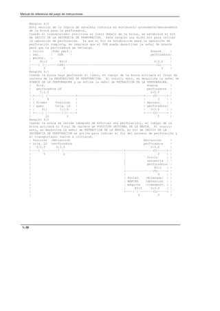 Manual de referencia del juego de instrucciones
1–38
Renglón 6:0
Esta sección de la lógica de escalera controla el movimiento ascendente/descendente
de la broca para la perforadora.
Cuando el transportador posiciona el libro debajo de la broca, se establece el bit
de INICIO DE LA SECUENCIA DE PERFORACION. Este renglón usa dicho bit para iniciar
la operación de perforación. Ya que el bit es establecido para la operación de
perforación completa, se requiere que el OSR pueda desactivar la señal de avance
para que la perforadora se retraiga.
| Inicio |Subr perf.| Avance |
| sec. | OSR | perforadora|
| perfor. | |
| B3:2 B3:3 O:3.0 |
|––––] [–––––––[OSR]–––––––––––––––––––––––––––––––––––––––––––––––––––(L)–––––|
| 0 0 3 |
Renglón 6:1
Cuando la broca haya perforado el libro, el cuerpo de la broca activará el final de
carrera de la PROFUNDIDAD DE PERFORACION. Al ocurrir esto, se desactiva la señal de
AVANCE DE LA PERFORADORA y se activa la señal de RETRACCION DE LA PERFORADORA.
| Prof. Avance |
| perforadora LS perforadora |
| I:1.0 O:3.0 |
|–+––––] [––––––––––––––––+–––––––––––––––––––––––––––––––––––––+––––(U)–––––+–|
| | 4 | | 3 | |
| | Primer |Posición | | Retracc. | |
| | paso |orig. LS | | perforadora|
| | S:1 I:1.0 | | O:3.0 | |
| +––––] [––––––––]/[–––––+ +––––(L)–––––+ |
| 15 5 2 |
Renglón 6:2
Cuando la broca se retrae (después de efectuar una perforación), el cuerpo de la
broca activará el final de carrera de POSICION ORIGINAL DE LA BROCA. Al ocurrir
esto, se desactiva la señal de RETRACCION DE LA BROCA, el bit de INICIO DE LA
SECUENCIA DE PERFORACION se activa para indicar el fin del proceso de perforación y
el transportador vuelve a iniciarse.
| Posición |Retracción Retracción |
| orig. LS |perforadora perforadora |
| I:1.0 O:3.0 O:3.0 |
|––––] [––––––––] [––––––––––––––––––––––––––––––––––+–––––––––––––––(U)–––––+–|
| 5 2 | 2 | |
| | Inicio | |
| | secuencia | |
| | perforadora| |
| | B3:2 | |
| +–––––––––––––––(U)–––––+ |
| | 0 | |
| | Enclav. |Arranque/ | |
| | MARCHA |detención | |
| | máquina |transport. | |
| | B3:0 O:3.0 | |
| +––––] [––––––––(L)–––––+ |
| 0 0 |
 
