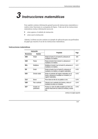 Instrucciones matemáticas
3–1
3 Instrucciones matemáticas
Este capítulo contiene información general acerca de instrucciones matemáticas y
explica cómo funcionan en su programa de lógica. Cada una de las instrucciones
matemáticas incluye información acerca de:
• cómo aparece el símbolo de instrucción
• cómo usar la instrucción
Además, la última sección contiene un ejemplo de aplicación para una perforadora
de papel que muestra el uso de las instrucciones matemáticas.
Instrucciones matemáticas
Instrucción
Propósito Page
Mnemónico Nombre
Propósito Page
ADD !  !           
    
3-6
SUB              
    
3-7
MUL              
    
3-11
DIV               
          
3-12
DDV               
           
   
3-13
CLR              3-14
SQR                 
      
3-14
SCP    
 
              
             $

3-15
#    
 