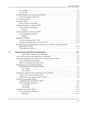 Tabla de contenido
vii
Uso de SBR 5–7
. . . . . . . . . . . . . . . . . . . . . . . . . . . . . . . . . . . . . . . . . . . . . . . . . . . . . . . . . . .
Uso de RET 5–7
. . . . . . . . . . . . . . . . . . . . . . . . . . . . . . . . . . . . . . . . . . . . . . . . . . . . . . . . . . .
Restablecimiento de control maestro (MCR) 5–8
. . . . . . . . . . . . . . . . . . . . . . . . . . . . . . . . . . . . .
Operación del procesador SLC 5–9
. . . . . . . . . . . . . . . . . . . . . . . . . . . . . . . . . . . . . . . . . . . .
Fin temporal (TND) 5–10
. . . . . . . . . . . . . . . . . . . . . . . . . . . . . . . . . . . . . . . . . . . . . . . . . . . . . . .
Suspender (SUS) 5–11
. . . . . . . . . . . . . . . . . . . . . . . . . . . . . . . . . . . . . . . . . . . . . . . . . . . . . . . . . .
Cómo introducir parámetros 5–11
. . . . . . . . . . . . . . . . . . . . . . . . . . . . . . . . . . . . . . . . . . . . .
Entrada inmediata con máscara (IIM) 5–12
. . . . . . . . . . . . . . . . . . . . . . . . . . . . . . . . . . . . . . . . . .
Cómo introducir parámetros 5–12
. . . . . . . . . . . . . . . . . . . . . . . . . . . . . . . . . . . . . . . . . . . . .
Ejemplo 5–12
. . . . . . . . . . . . . . . . . . . . . . . . . . . . . . . . . . . . . . . . . . . . . . . . . . . . . . . . . .
Salida inmediata con máscara (IOM) 5–13
. . . . . . . . . . . . . . . . . . . . . . . . . . . . . . . . . . . . . . . . . .
Cómo introducir parámetros 5–13
. . . . . . . . . . . . . . . . . . . . . . . . . . . . . . . . . . . . . . . . . . . . .
Ejemplo 5–13
. . . . . . . . . . . . . . . . . . . . . . . . . . . . . . . . . . . . . . . . . . . . . . . . . . . . . . . . . .
Regenerar I/S (REF) 5–14
. . . . . . . . . . . . . . . . . . . . . . . . . . . . . . . . . . . . . . . . . . . . . . . . . . . . . . .
Uso de un procesador SLC 5/02 5–14
. . . . . . . . . . . . . . . . . . . . . . . . . . . . . . . . . . . . . . . . . .
Uso de procesadores SLC 5/03 y SLC 5/04 5–14
. . . . . . . . . . . . . . . . . . . . . . . . . . . . . . . . . .
Instrucciones de control de flujo de programa en el ejemplo de aplicación de la
perforadora de papel 5–15
. . . . . . . . . . . . . . . . . . . . . . . . . . . . . . . . . . . . . . . . . . . . . . . . . . .
Cómo añadir el archivo 2 5–15
. . . . . . . . . . . . . . . . . . . . . . . . . . . . . . . . . . . . . . . . . . . . . . . .
6 Instrucciones específicas de aplicación 6–1
. . . . . . . . . . . . . . . . . . . . . . . . . . . . . . . . . . . .
Instrucciones específicas de aplicación 6–1
. . . . . . . . . . . . . . . . . . . . . . . . . . . . . . . . . . .
Acerca de las instrucciones específicas de aplicación 6–2
. . . . . . . . . . . . . . . . . . . . . . . . . . . . . .
Descripción general de las instrucciones de desplazamiento de bit 6–3
. . . . . . . . . . . . . . . . . . . .
Cómo introducir los parámetros 6–3
. . . . . . . . . . . . . . . . . . . . . . . . . . . . . . . . . . . . . . . . . . .
Efectos en el registro de índice S:24 6–4
. . . . . . . . . . . . . . . . . . . . . . . . . . . . . . . . . . . . . . . .
Desplazamiento de bit izquierdo (BSL)
Desplazamiento de bit derecho (BSR) 6–5
. . . . . . . . . . . . . . . . . . . . . . . . . . . . . . . . . . . . . . .
Uso de BSL 6–5
. . . . . . . . . . . . . . . . . . . . . . . . . . . . . . . . . . . . . . . . . . . . . . . . . . . . . . . .
Uso de BSR 6–6
. . . . . . . . . . . . . . . . . . . . . . . . . . . . . . . . . . . . . . . . . . . . . . . . . . . . . . . .
Descripción general de las instrucciones de secuenciador 6–8
. . . . . . . . . . . . . . . . . . . . . . . . . . .
Efectos en el registro de índice S:24 6–8
. . . . . . . . . . . . . . . . . . . . . . . . . . . . . . . . . . . . . . . .
Aplicaciones que requieren más de 16 bits 6–8
. . . . . . . . . . . . . . . . . . . . . . . . . . . . . . . . . . .
Salida de secuenciador (SQO)
Comparación de secuenciador (SQC) 6–9
. . . . . . . . . . . . . . . . . . . . . . . . . . . . . . . . . . . . . . .
Cómo introducir parámetros 6–9
. . . . . . . . . . . . . . . . . . . . . . . . . . . . . . . . . . . . . . . . . . . . . .
Uso de SQO 6–11
. . . . . . . . . . . . . . . . . . . . . . . . . . . . . . . . . . . . . . . . . . . . . . . . . . . . . . .
Uso de SQC 6–12
. . . . . . . . . . . . . . . . . . . . . . . . . . . . . . . . . . . . . . . . . . . . . . . . . . . . . . .
Carga de secuenciador (SQL) 6–14
. . . . . . . . . . . . . . . . . . . . . . . . . . . . . . . . . . . . . . . . . . . . . . . .
Cómo introducir parámetros 6–14
. . . . . . . . . . . . . . . . . . . . . . . . . . . . . . . . . . . . . . . . . . . . .
Operación 6–16
. . . . . . . . . . . . . . . . . . . . . . . . . . . . . . . . . . . . . . . . . . . . . . . . . . . . . . . . .
 