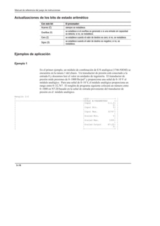 Preface
Manual de referencia del juego de instrucciones
3–16
Actualizaciones de los bits de estado aritmético
Con este bit: El procesador:
      
  
                  
       
                   
  
               
 
Ejemplos de aplicación
Ejemplo 1
En el primer ejemplo, un módulo de combinación de E/S analógica (1746-NIO4I) se
encuentra en la ranura 1 del chasis. Un transductor de presión está conectado a la
entrada 0 y deseamos leer el valor en unidades de ingeniería. El transductor de
presión mide presiones de 0–1000 lbs/pul2 y proporciona una señal de 0–10 V al
módulo analógico. Para una señal de 0–10 V, el módulo analógico proporciona un
rango entre 0–32,767. El renglón de programa siguiente colocará un número entre
0–1000 en N7:20 basado en la señal de entrada proveniente del transductor de
presión en el módulo analógico.
Renglón 2:0
| +SCP––––––––––––––––––––+ |
|––––––––––––––––––––––––––––––––––––––––––––––––––––+SCALE W/PARAMETERS +–|
| |Input I:1.0| |
| | 0| |
| |Input Min. 0| |
| | | |
| |Input Max. 32767| |
| | | |
| |Scaled Min. 0| |
| | | |
| |Scaled Max. 1000| |
| | | |
| |Scaled Output N7:20| |
| | 0| |
| +–––––––––––––––––––––––+ |
 